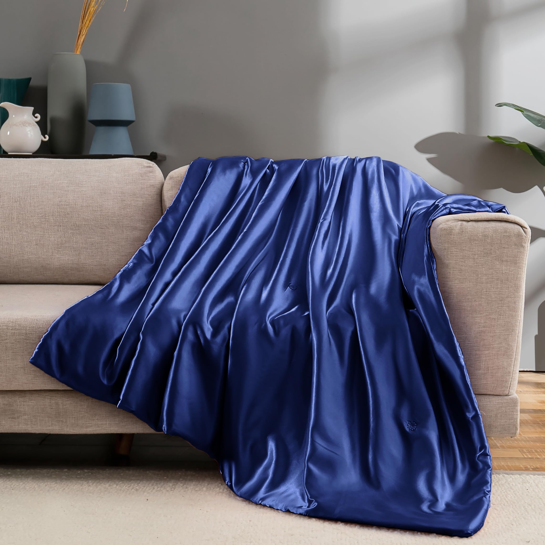 Vonty Dark Grey Satin Throw Blanket 50x60In, Cooling Silky Wrinkle-Free | Gentle On Hair, Machine Washable Easy Care, All-Season Warmth And Cooling, Multipurpose Bed Sofa Travel, Textured Cable Knit