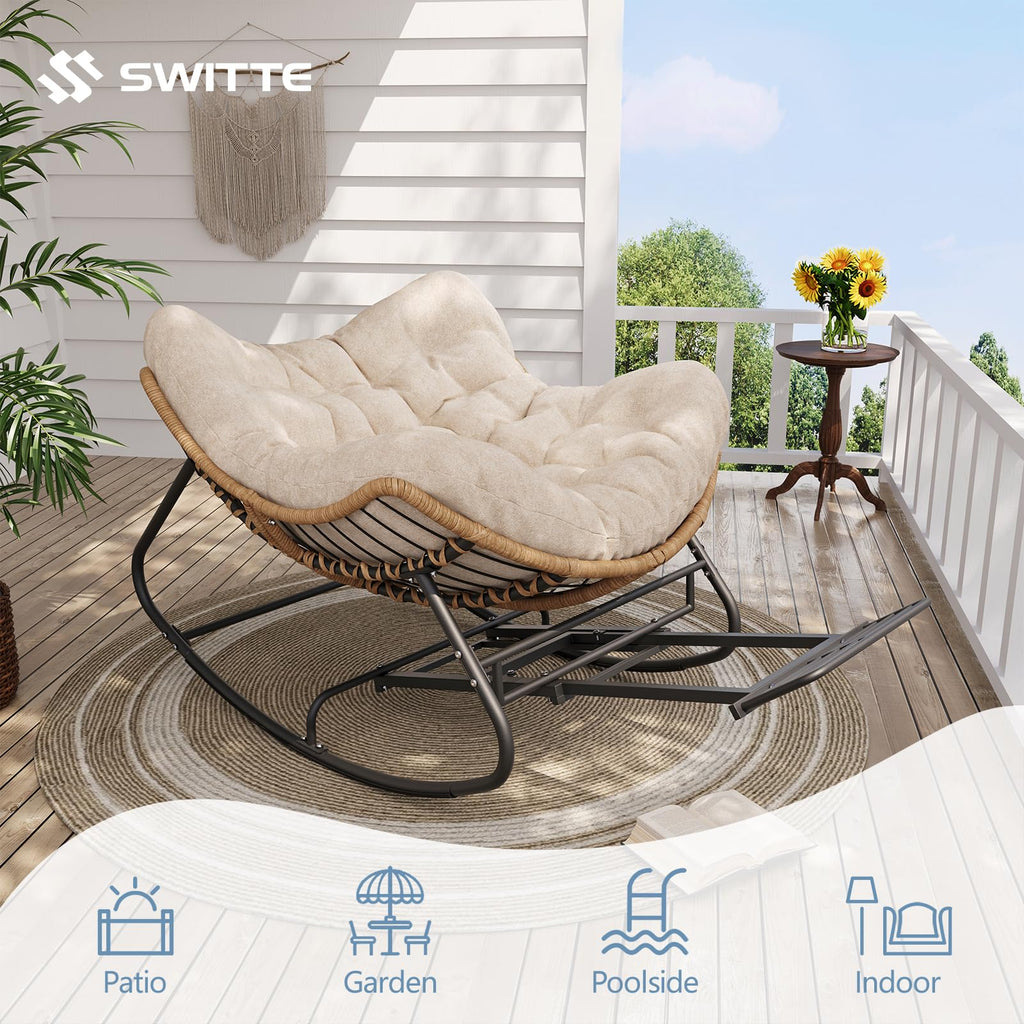 SWITTE Papasan Rocking Chair Outdoor, Oversized Patio Egg Chair with Thick Cushion, Indoor Wicker Lounge Rocker Bed for Balcony, Porch, Garden, Dark Gray