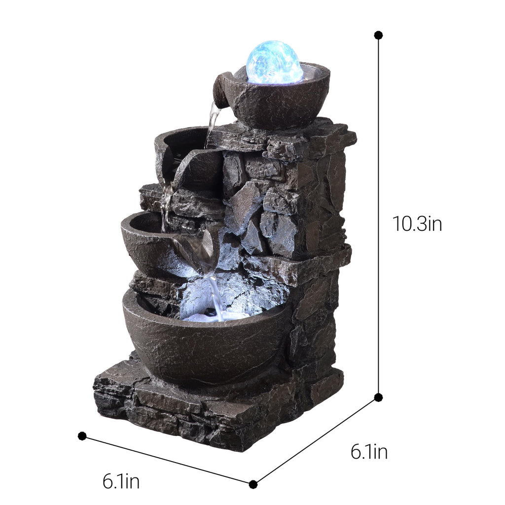 Tabletop Indoor Water Fountain – 3-Tier Rock Waterfall Fountain with Warm LED Light and DIY Planting Pot – Relaxing Small Water Feature for Desk or Home Decor (23061)