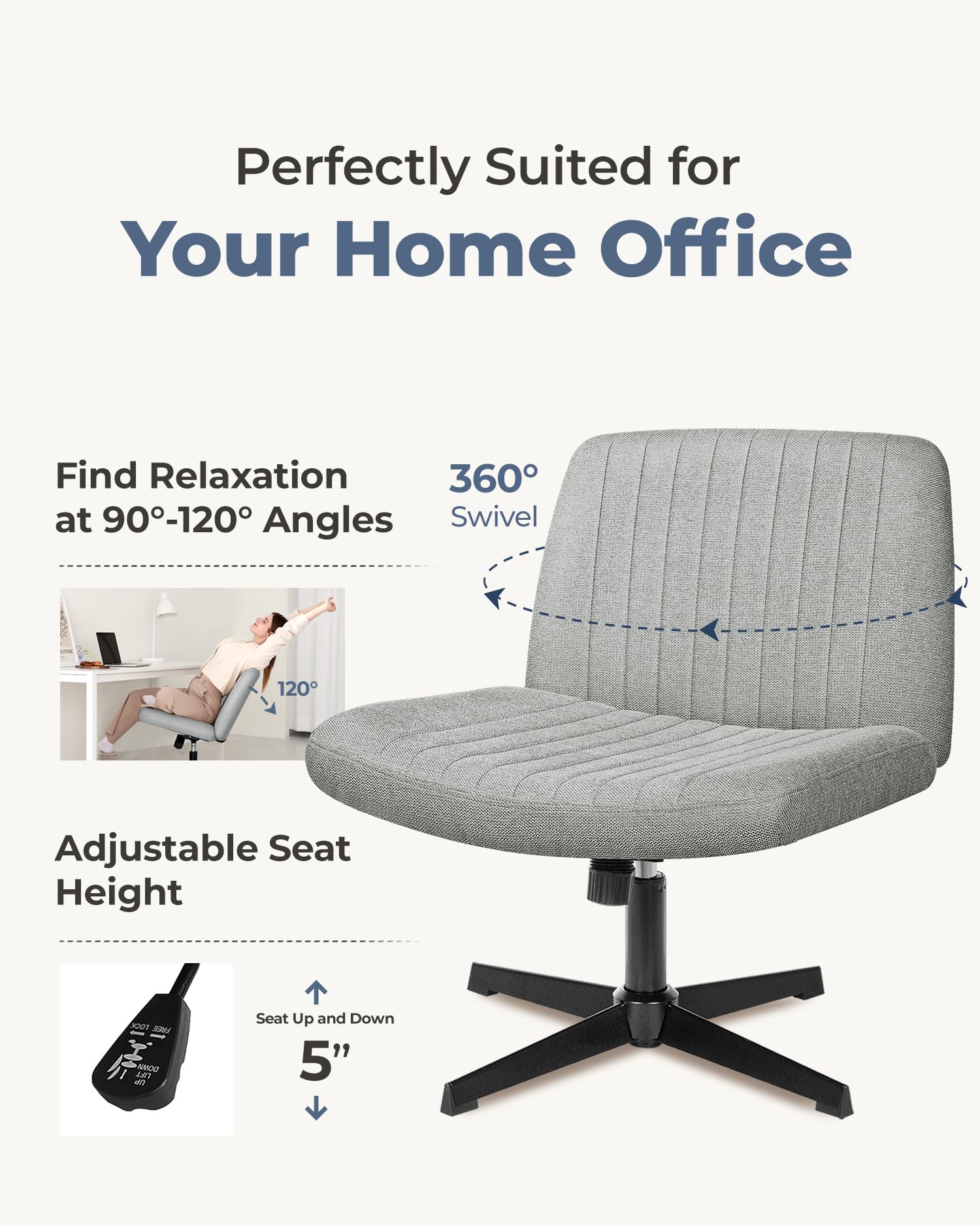 NEO CHAIR Criss Cross Chair with Wheels Home Office Cross Legged Armless Chairs Adjustable Computer Desk Wide Seat for Bedroom Vanity Comfy Swivel (Teddy White)