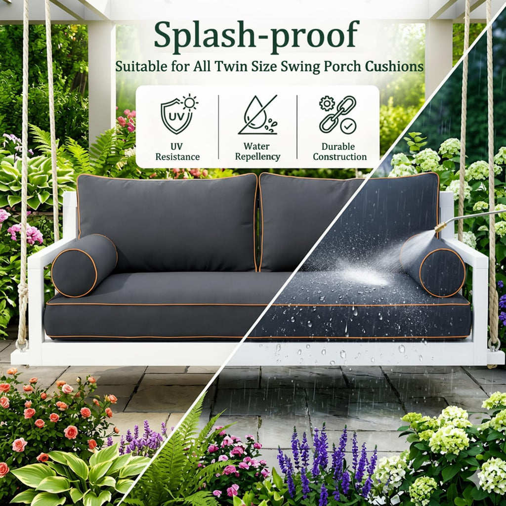 Twin Size Outdoor Daybed Swing Cushion Cover,Patio Porch Twin Mattress Bolster Pillow Fitted Sheet Cover Waterproof for Outdoor Hanging Porch Swing Bed (6, Dark Gray-White Piping)