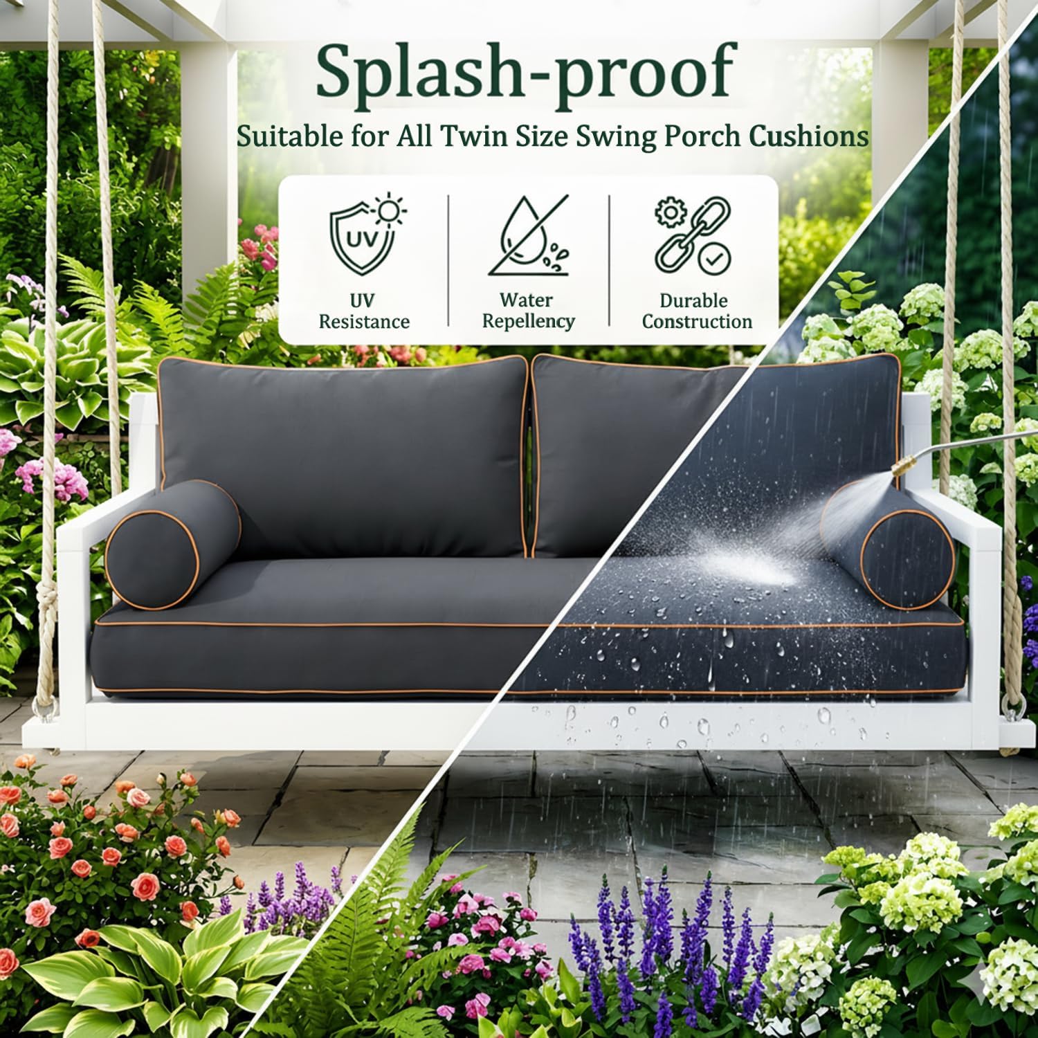 Twin Size Outdoor Daybed Swing Cushion Cover,Patio Porch Twin Mattress Bolster Pillow Fitted Sheet Cover Waterproof for Outdoor Hanging Porch Swing Bed (6, Dark Gray-White Piping)