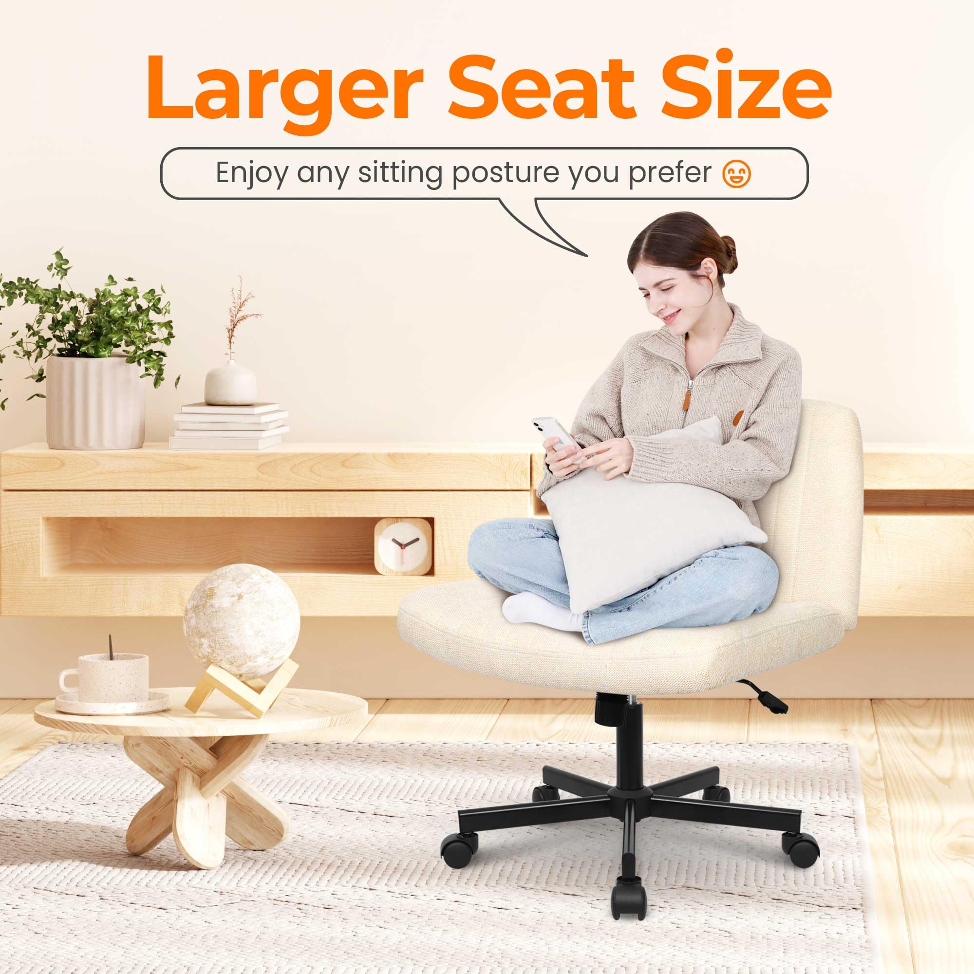 NEO CHAIR Criss Cross Chair with Wheels Home Office Cross Legged Armless Chairs Adjustable Computer Desk Wide Seat for Bedroom Vanity Comfy Swivel (Teddy White)