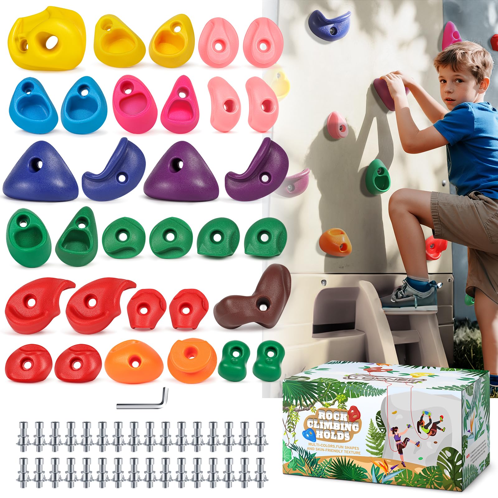 TOPNEW 32 Rock Climbing Holds Multi Size for Kids, Adult Rock Wall Holds Climbing Rock Wall Grips for Indoor and Outdoor Playground Play Set - Includes 2 Inch Mounting Hardware