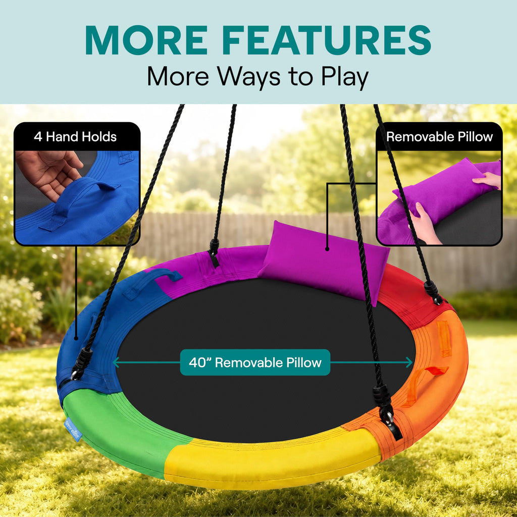 SereneLife Saucer Swing, Tree Swing, 40 Inch, 900lb Heavy Duty Capacity for Kids, 900D Oxford Waterproof Seat, Adjustable Height Ropes, 2 Strap Tree Hang Kit, Center Swivel Spinner, Black