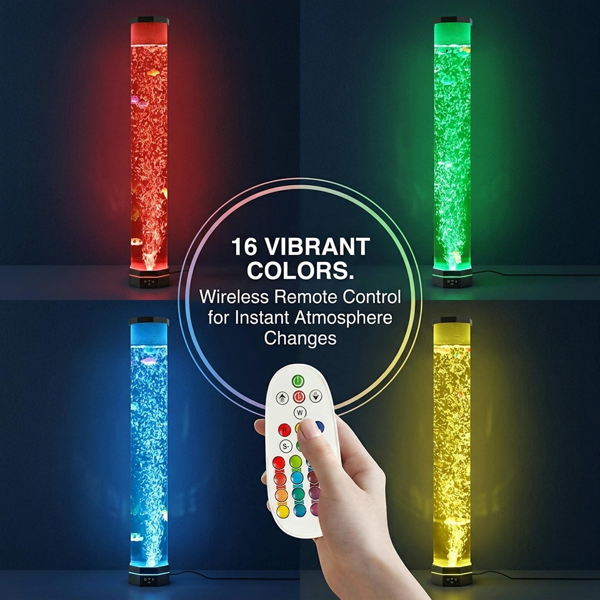 4FT Sensory Bubble Lamp, 9 Floating Fish, 16 Color LED | Remote control, 120mm extra-wide tube, 3-speed bubbles; for bedroom, living room, office and sensory room