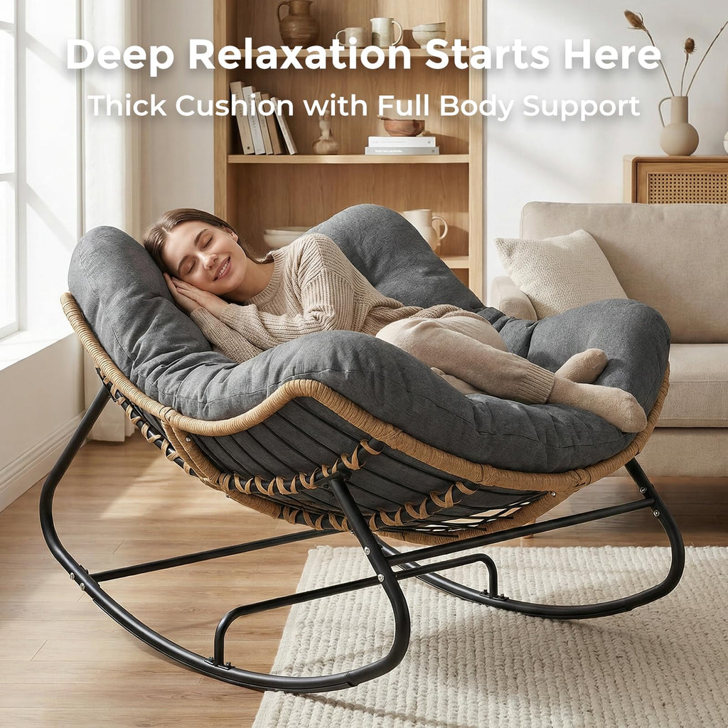 SWITTE Papasan Rocking Chair Outdoor, Oversized Patio Egg Chair with Thick Cushion, Indoor Wicker Lounge Rocker Bed for Balcony, Porch, Garden, Dark Gray