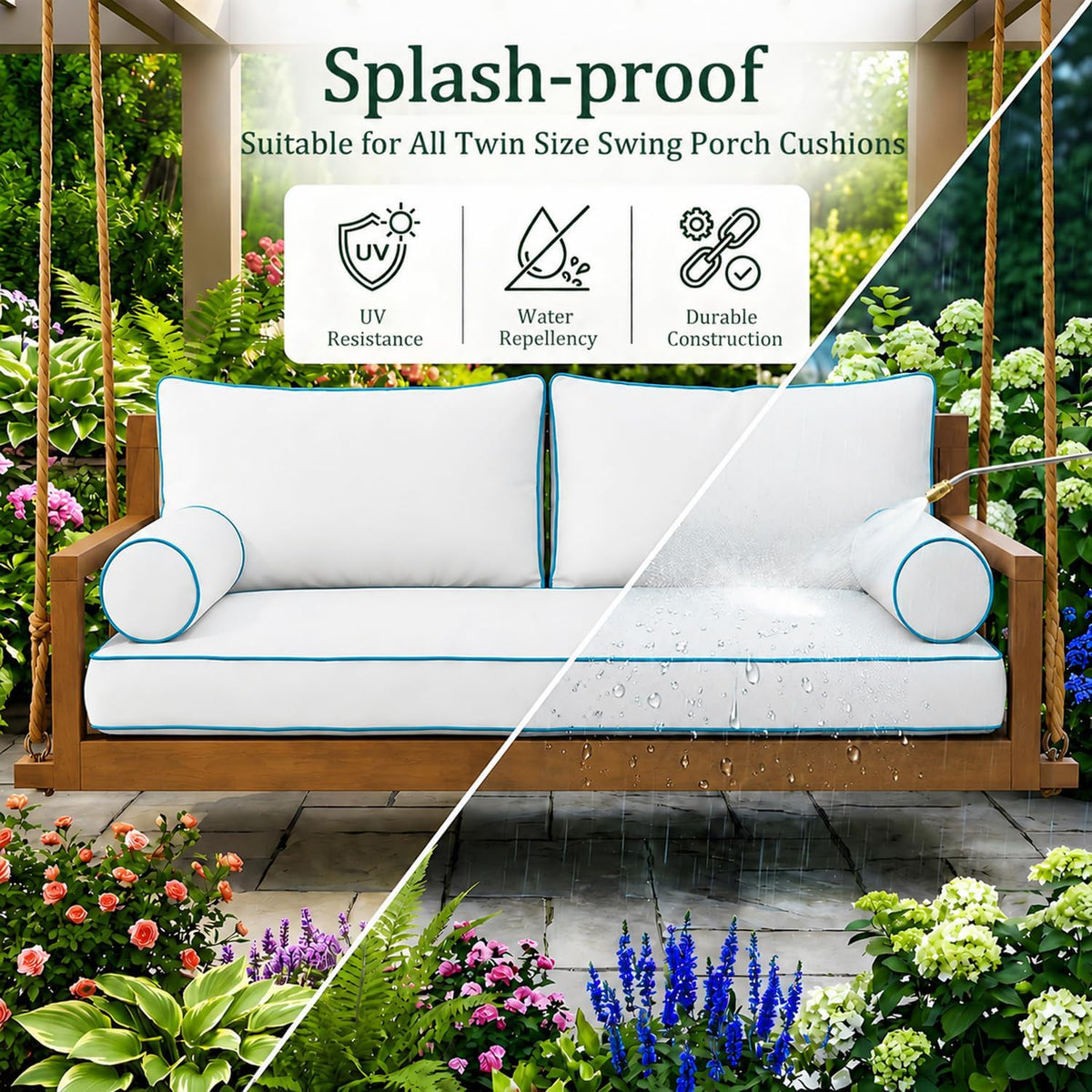 Twin Size Outdoor Daybed Swing Cushion Cover,Patio Porch Twin Mattress Bolster Pillow Fitted Sheet Cover Waterproof for Outdoor Hanging Porch Swing Bed (6, Dark Gray-White Piping)