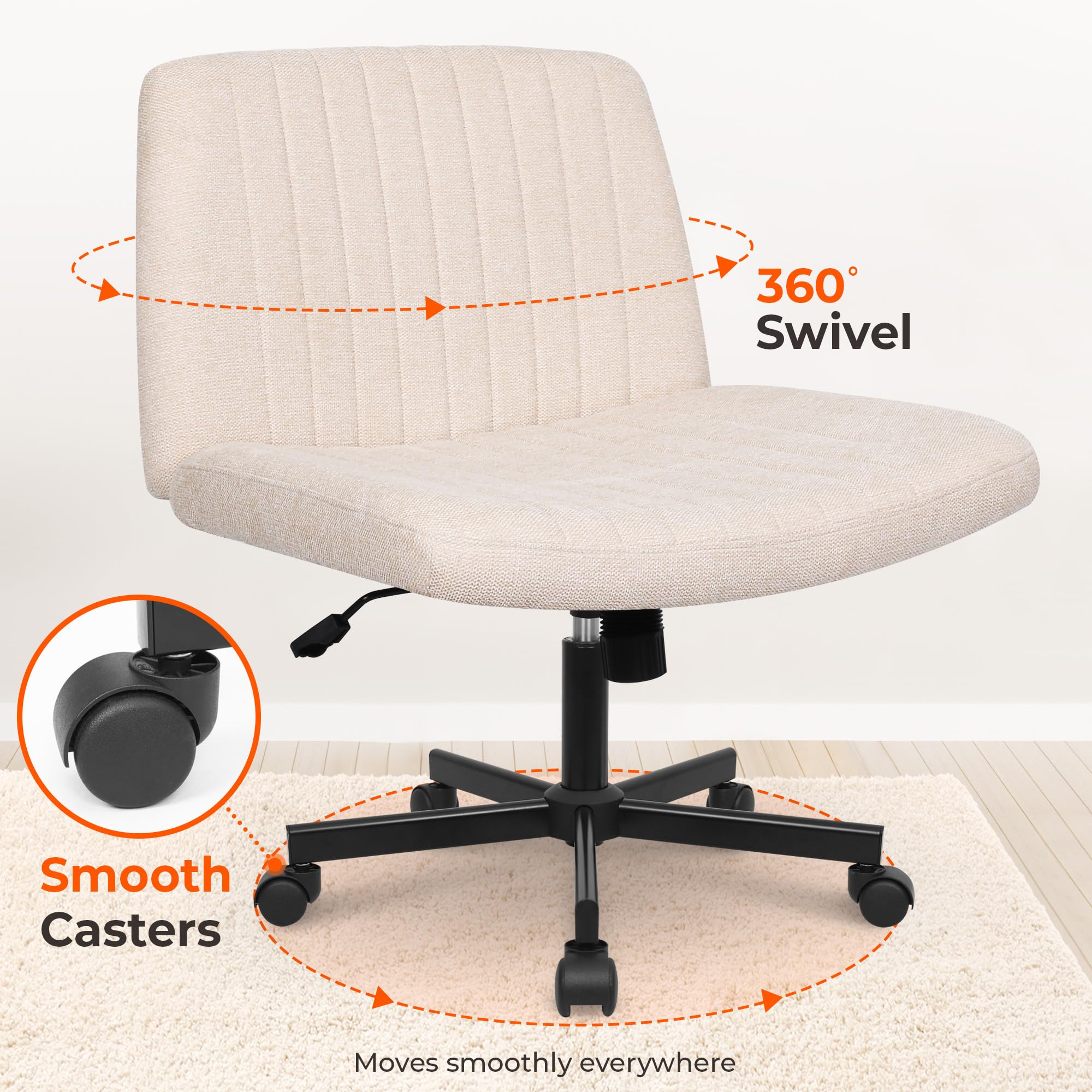 NEO CHAIR Criss Cross Chair with Wheels Home Office Cross Legged Armless Chairs Adjustable Computer Desk Wide Seat for Bedroom Vanity Comfy Swivel (Teddy White)