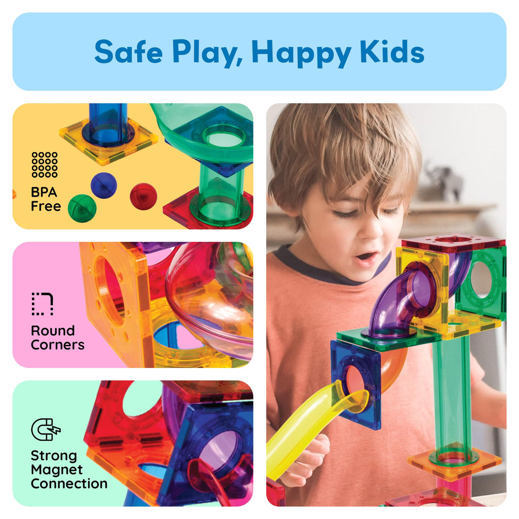 PicassoTiles 100 Piece Marble Run Magnetic Tiles Race Track STEM Ages 3+ | BPA-free ABS plastic, reinforced edges, curved slopes and U-turns, steel balls included, open-ended maze layouts, shared play