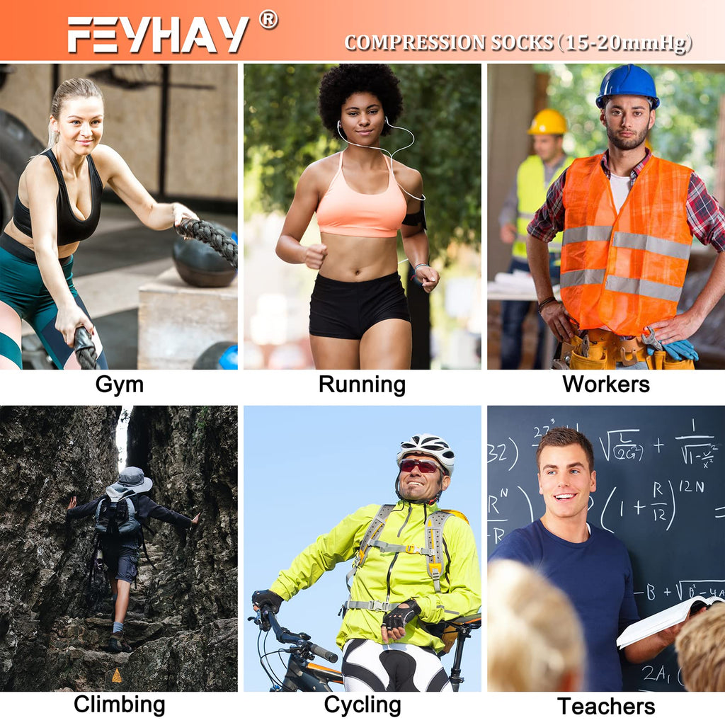 FEYHAY Copper Compression Socks (8 Pairs) 15-20 mmHg Circulation is Best Athletic & Daily for Men & Women, Running, Climbing