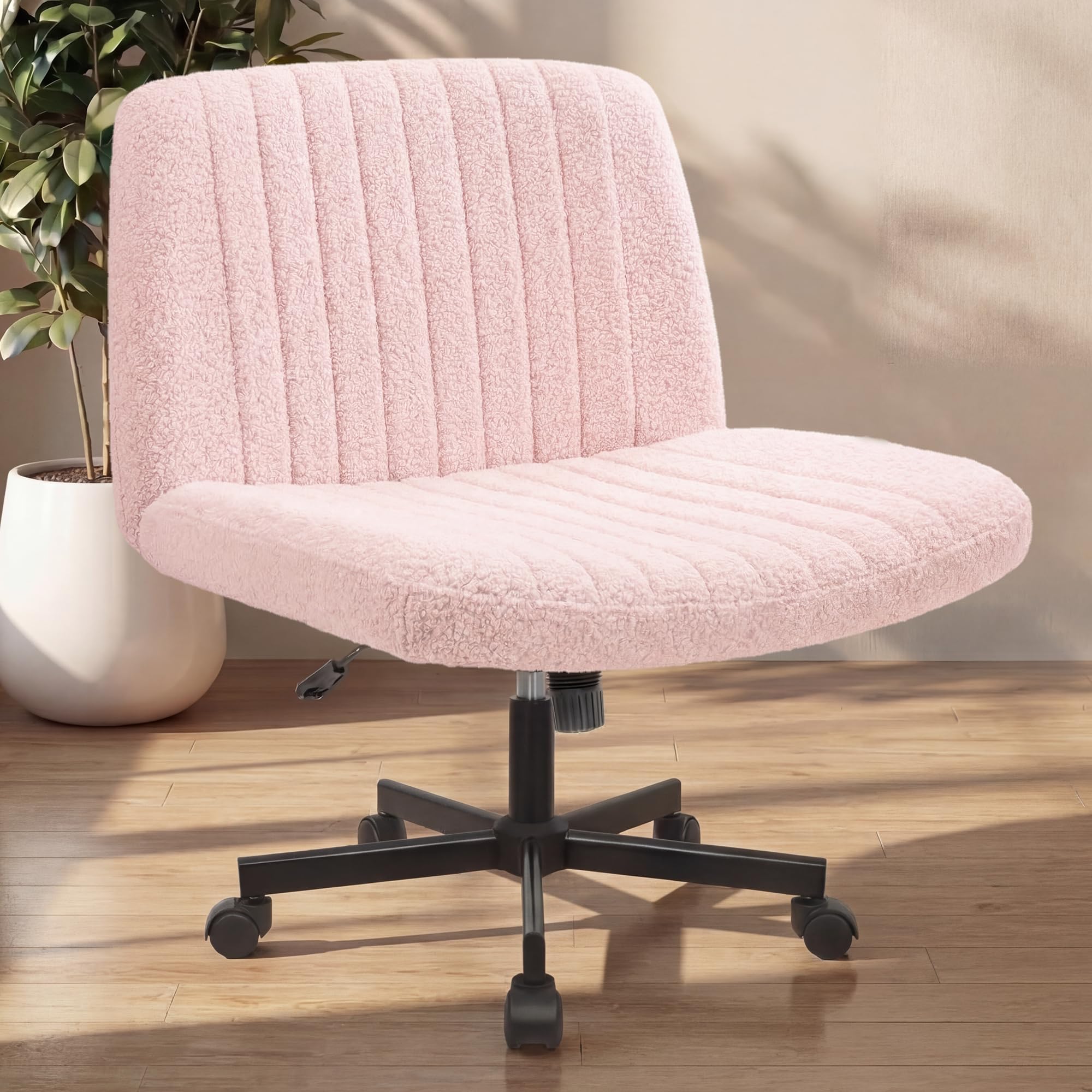 NEO CHAIR Criss Cross Chair with Wheels Home Office Cross Legged Armless Chairs Adjustable Computer Desk Wide Seat for Bedroom Vanity Comfy Swivel (Teddy White)