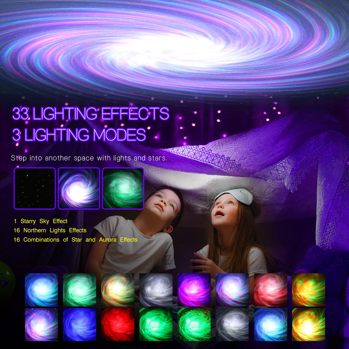 Northern Galaxy Light Aurora Projector with 33 Light Effects, Night Lights LED Star Projector for Bedroom Nebula Lamp, Remote Control, White Noises, Bluetooth Speaker for Parties Black