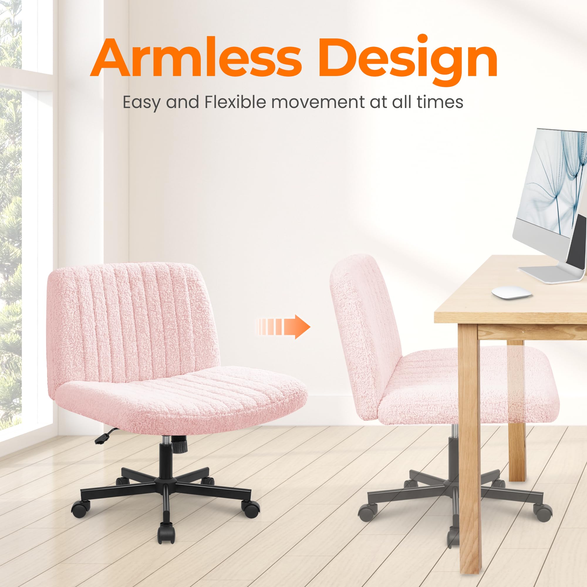 NEO CHAIR Criss Cross Chair with Wheels Home Office Cross Legged Armless Chairs Adjustable Computer Desk Wide Seat for Bedroom Vanity Comfy Swivel (Teddy White)