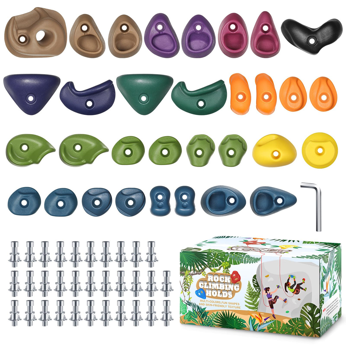 TOPNEW 32 Rock Climbing Holds Multi Size for Kids, Adult Rock Wall Holds Climbing Rock Wall Grips for Indoor and Outdoor Playground Play Set - Includes 2 Inch Mounting Hardware