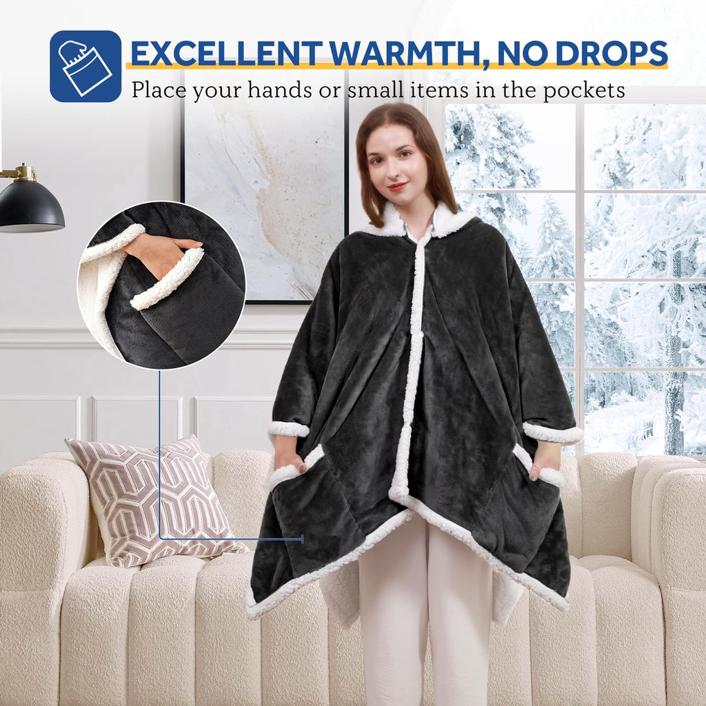 Sealy Heated Throw Wearable Shawl Wrap with Pockets, Reversible Flannel to Sherpa Electric Blanket Hoodie Poncho with 6 Heating Levels & 2-10 Hours Time Settings, 50 X 60 Inch, Pink