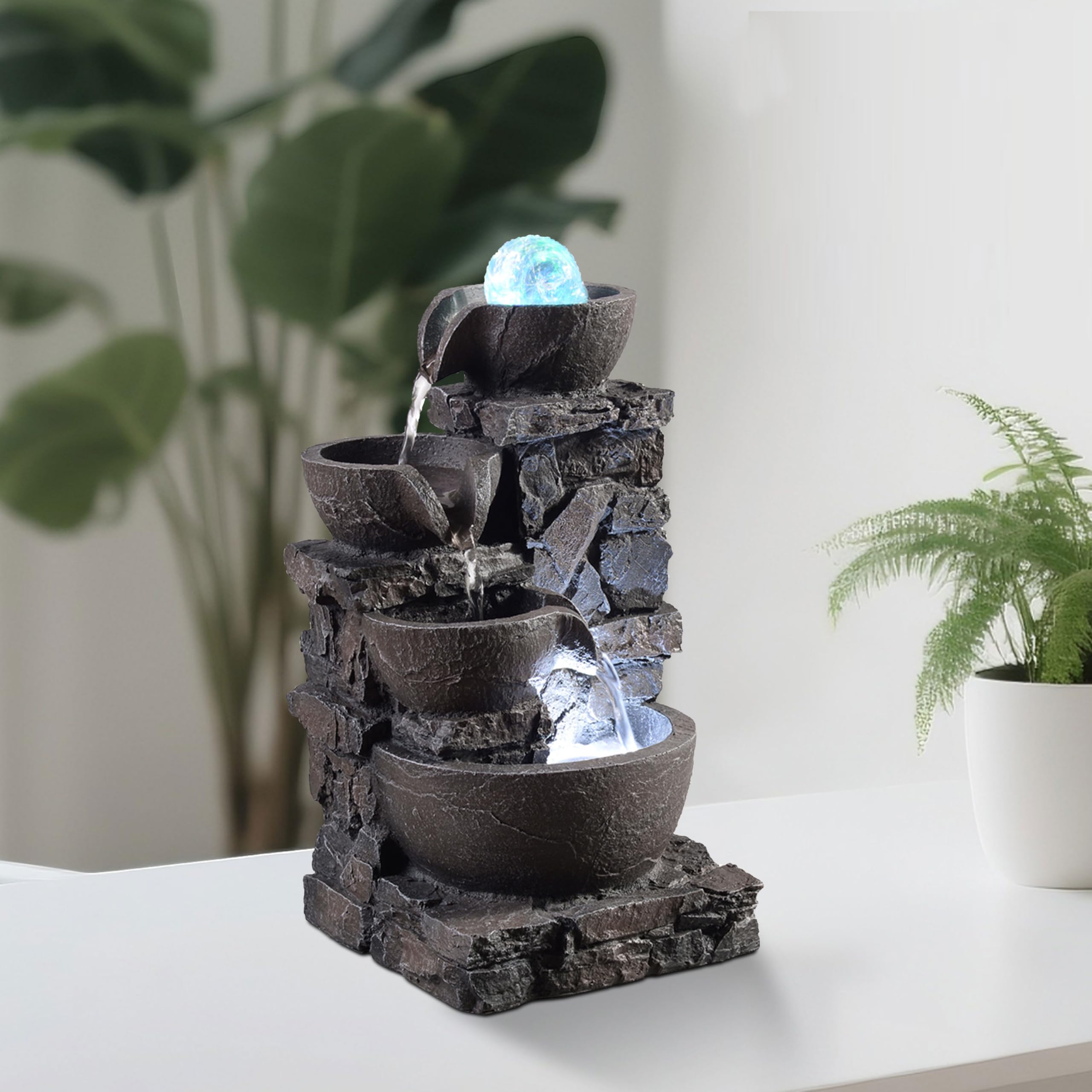 Tabletop Indoor Water Fountain – 3-Tier Rock Waterfall Fountain with Warm LED Light and DIY Planting Pot – Relaxing Small Water Feature for Desk or Home Decor (23061)