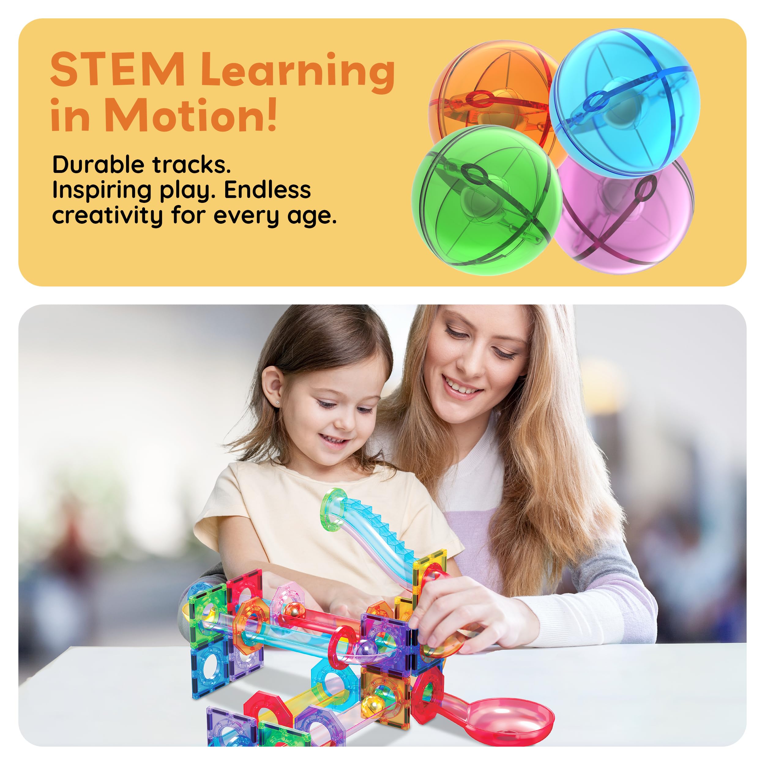 PicassoTiles 100 Piece Marble Run Magnetic Tiles Race Track STEM Ages 3+ | BPA-free ABS plastic, reinforced edges, curved slopes and U-turns, steel balls included, open-ended maze layouts, shared play