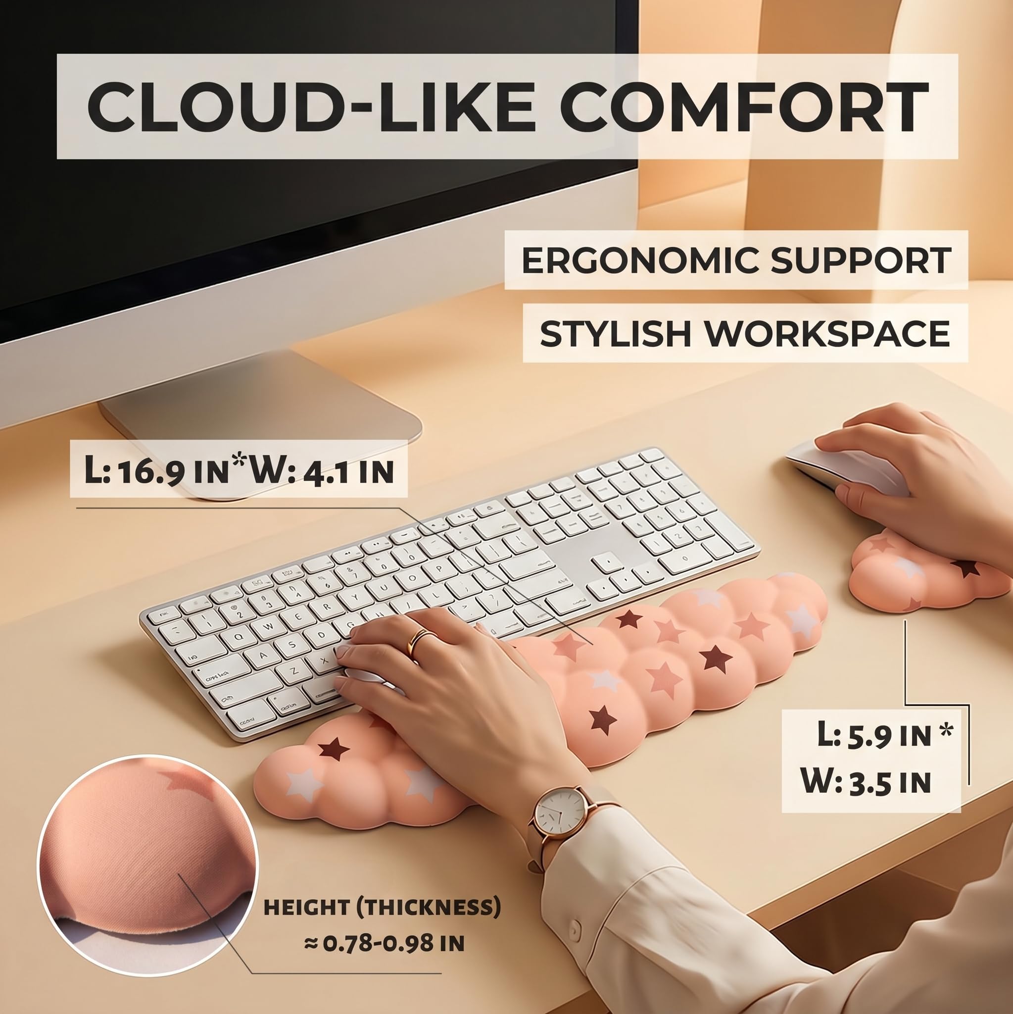 Silky Cloud Wrist Rest Set for Keyboard & Mouse, 16.9", Purple Star | Memory Foam Arm Rest with Ergonomic Support Fits Full Keyboards and Reduces Typing Fatigue for Office, Gaming and Home Use