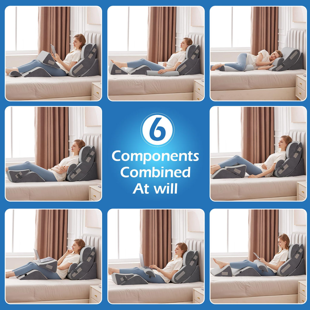 Ahpmeoa 6PCS Wedge Pillow Set for After Surgery, Orthopedic Bed Wedge Pillow for Headboard, Memory Foam Back Pillow for Bed Sitting Up, Sit Up Pillow for Acid Reflux Relief, GERD, Anti Snoring (White)