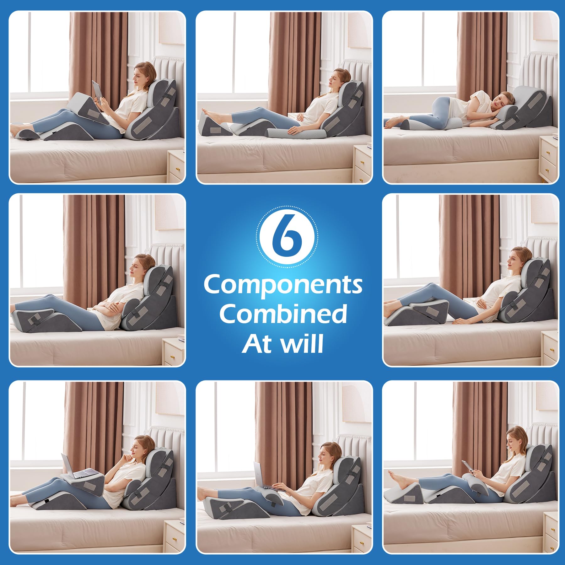 Ahpmeoa 6PCS Wedge Pillow Set for After Surgery, Orthopedic Bed Wedge Pillow for Headboard, Memory Foam Back Pillow for Bed Sitting Up, Sit Up Pillow for Acid Reflux Relief, GERD, Anti Snoring (White)