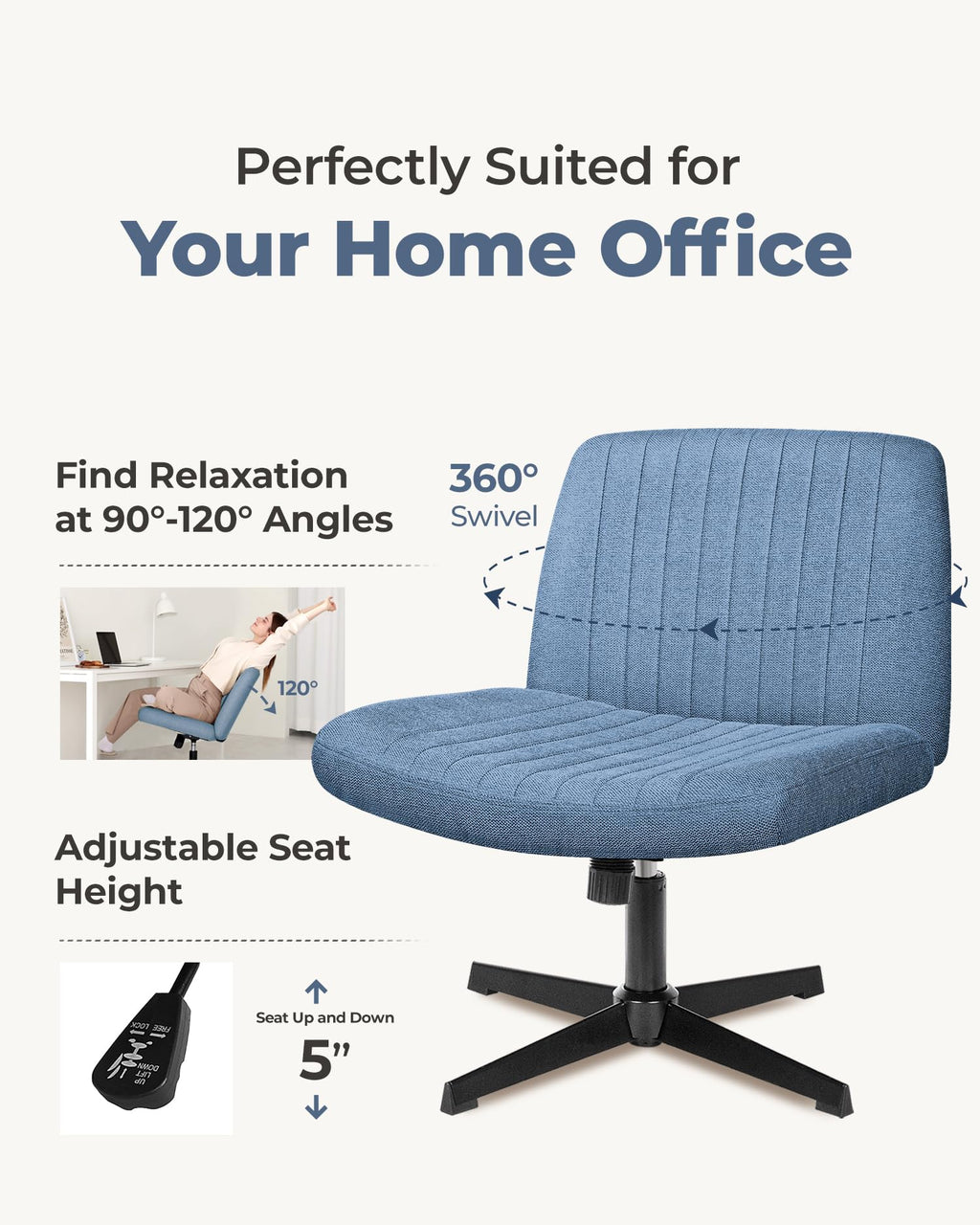 NEO CHAIR Criss Cross Chair with Wheels Home Office Cross Legged Armless Chairs Adjustable Computer Desk Wide Seat for Bedroom Vanity Comfy Swivel (Teddy White)