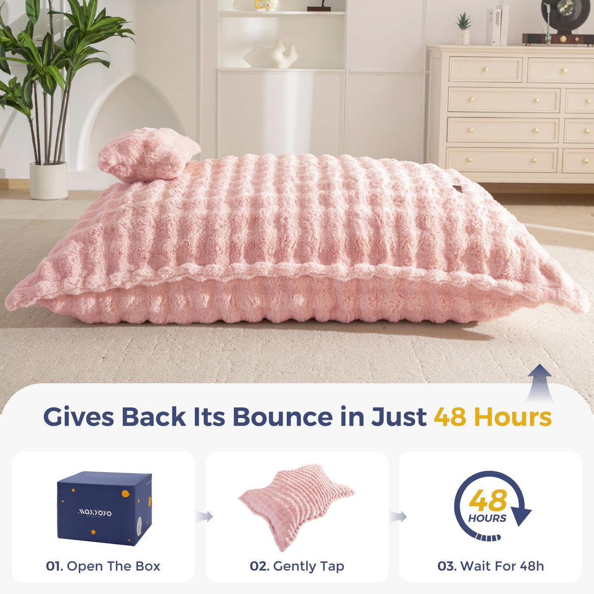 MAXYOYO Giant Bean Bag Chair with Pillow, 3 in 1 Convertible Bean Bag Chair for Adults with Washable Cover, Removable Floor Cushion Stuffed Floor Lounger for Living Room Bedroom, Pink, Full