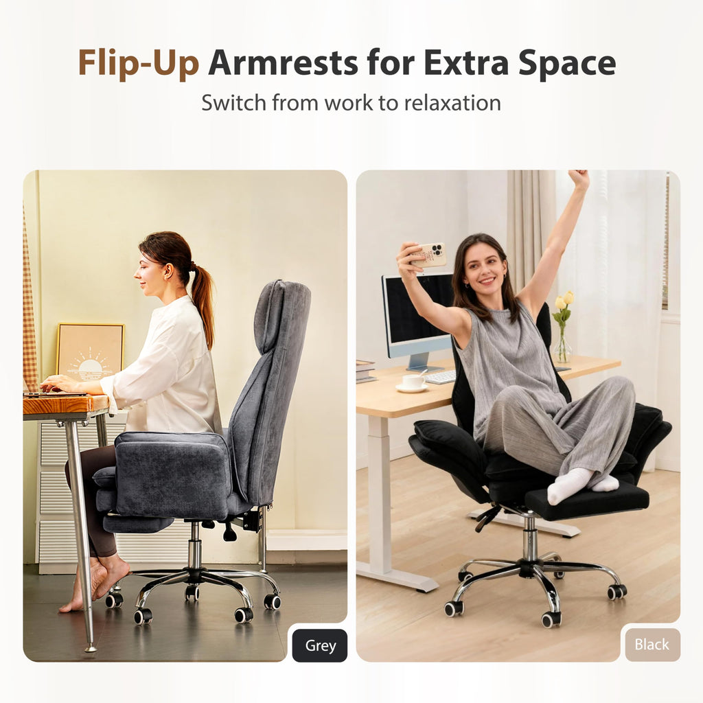 Big and Tall Office Chair, Flip Armrests for Pets & Cross Legged Sitting, Executive Ergonomic Computer Gaming Chair with Foot Rest, Premium Tech Fabric Wide Seat Reclining Desk Chair