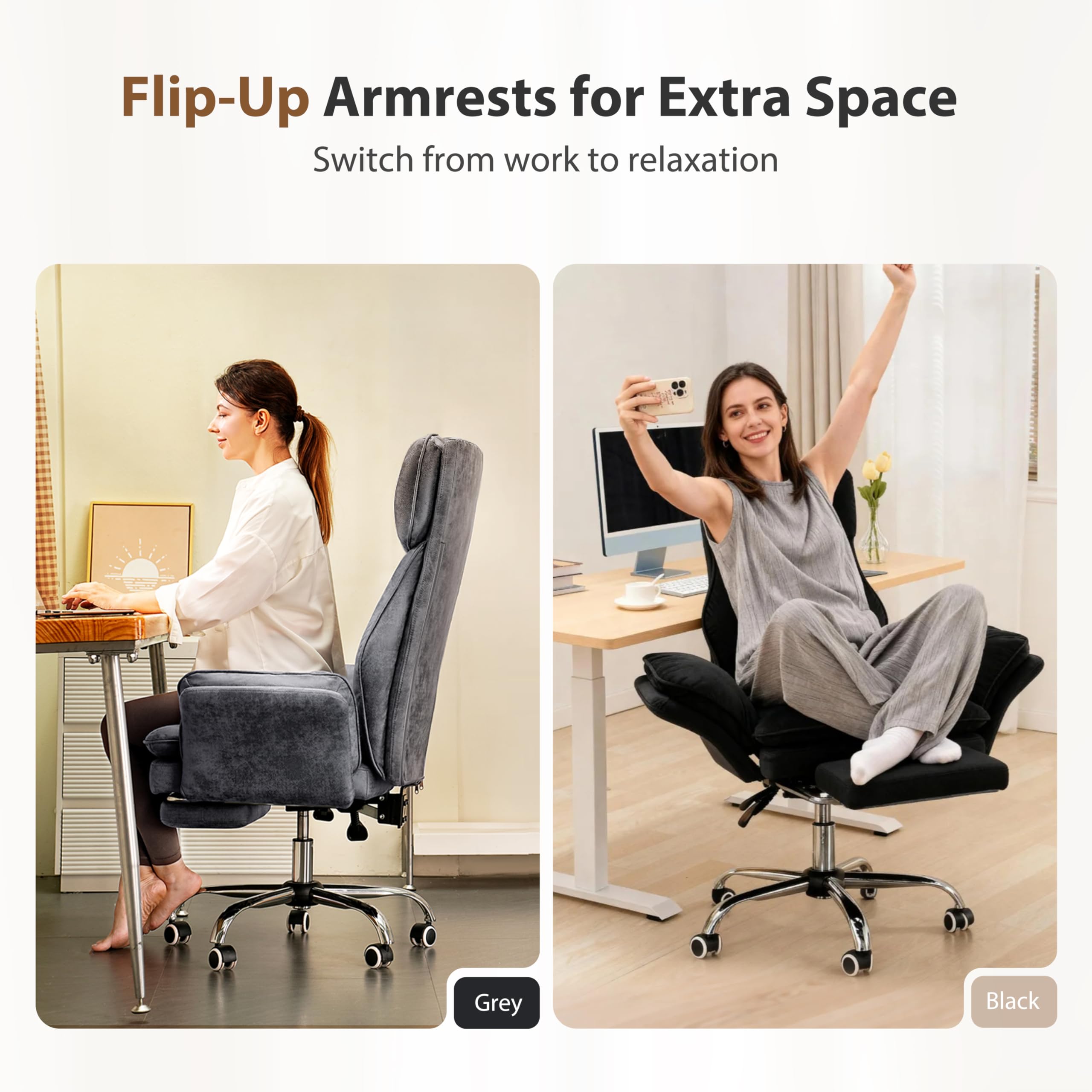 Big and Tall Office Chair, Flip Armrests for Pets & Cross Legged Sitting, Executive Ergonomic Computer Gaming Chair with Foot Rest, Premium Tech Fabric Wide Seat Reclining Desk Chair