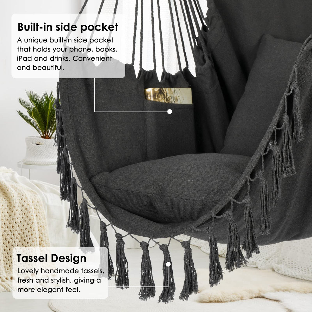 Y- STOP Hammock Chair Hanging Rope Swing Chair, Max 500 Lbs, 2 Seat Cushions Included, Removable Steel Spreader Bar with Anti-Slip Rings, Hardware kit-for Indoor Outdoor(Dark Grey)