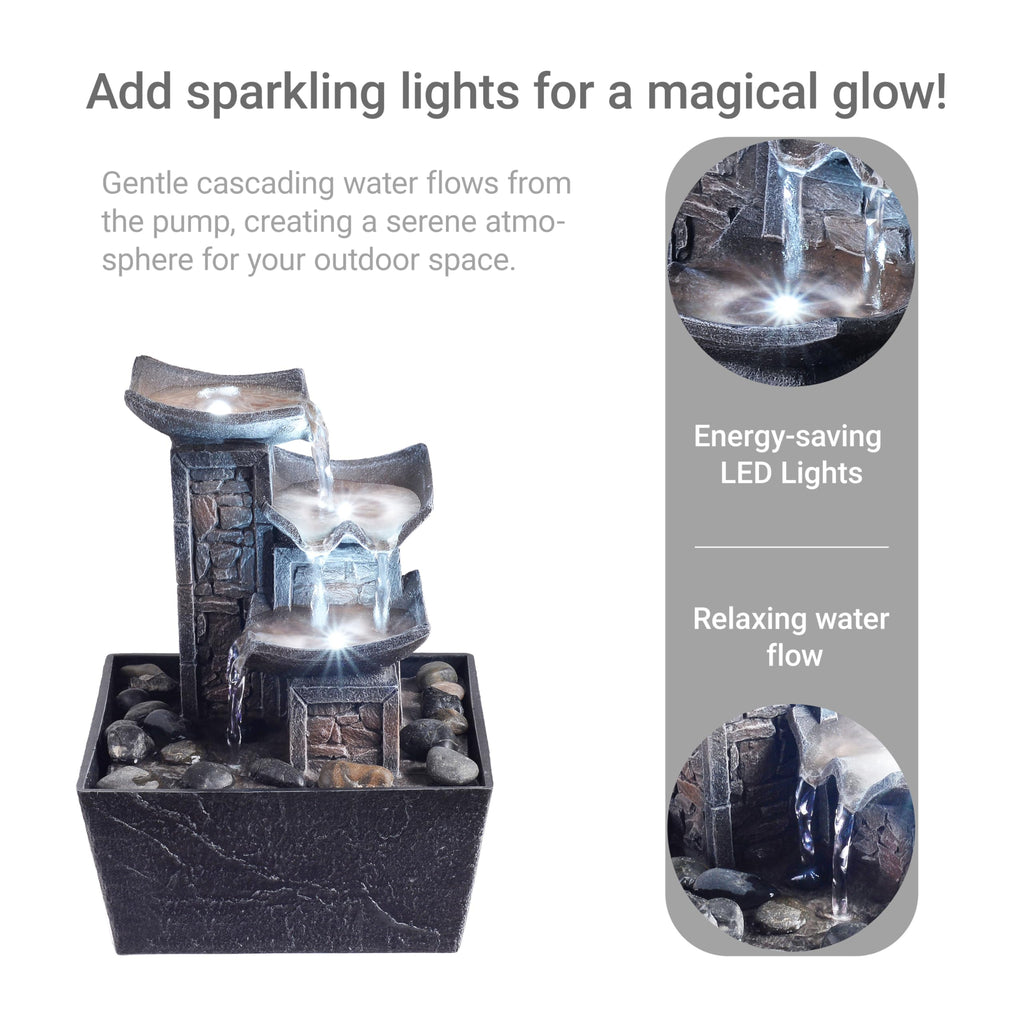 Tabletop Indoor Water Fountain – 3-Tier Rock Waterfall Fountain with Warm LED Light and DIY Planting Pot – Relaxing Small Water Feature for Desk or Home Decor (23061)