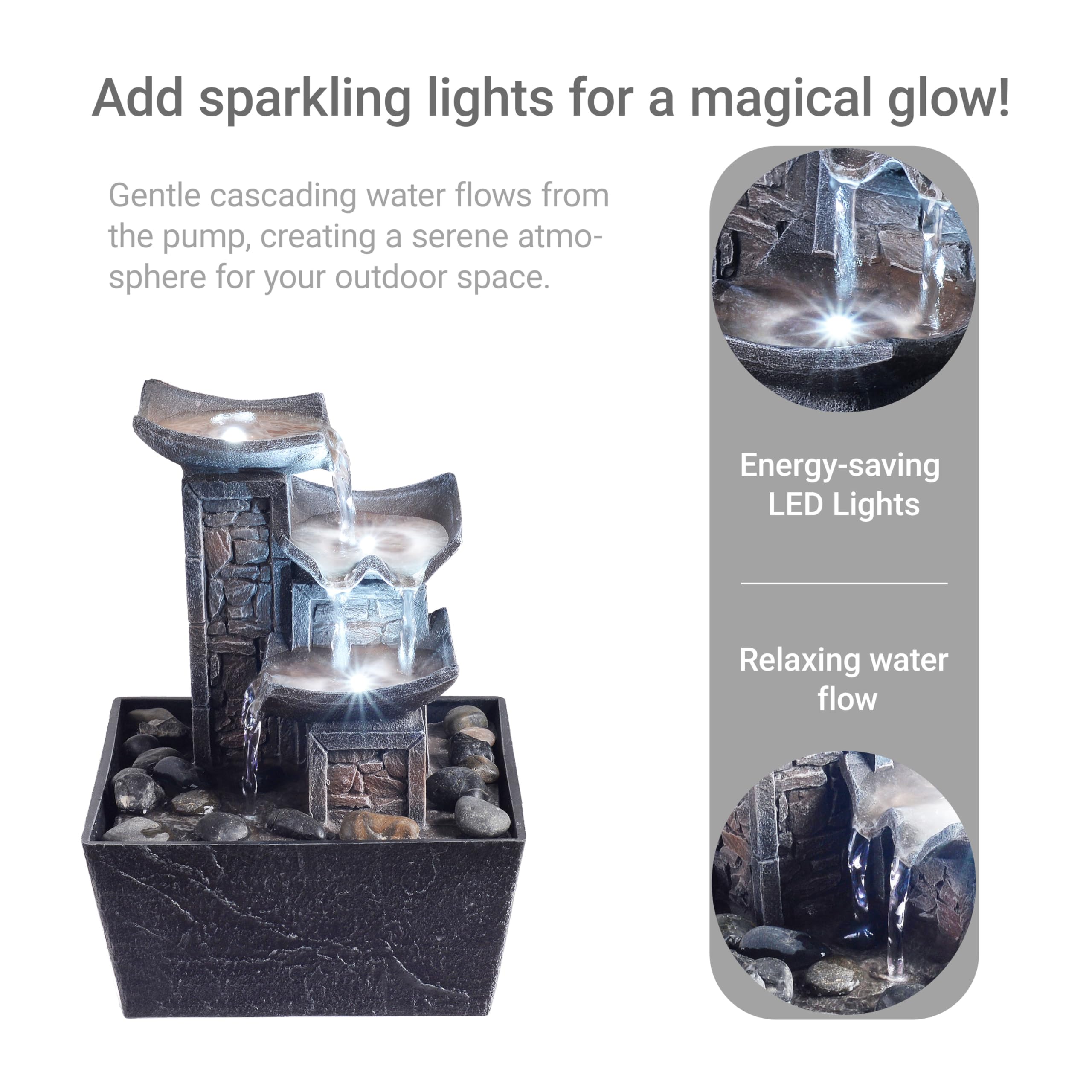 Tabletop Indoor Water Fountain – 3-Tier Rock Waterfall Fountain with Warm LED Light and DIY Planting Pot – Relaxing Small Water Feature for Desk or Home Decor (23061)