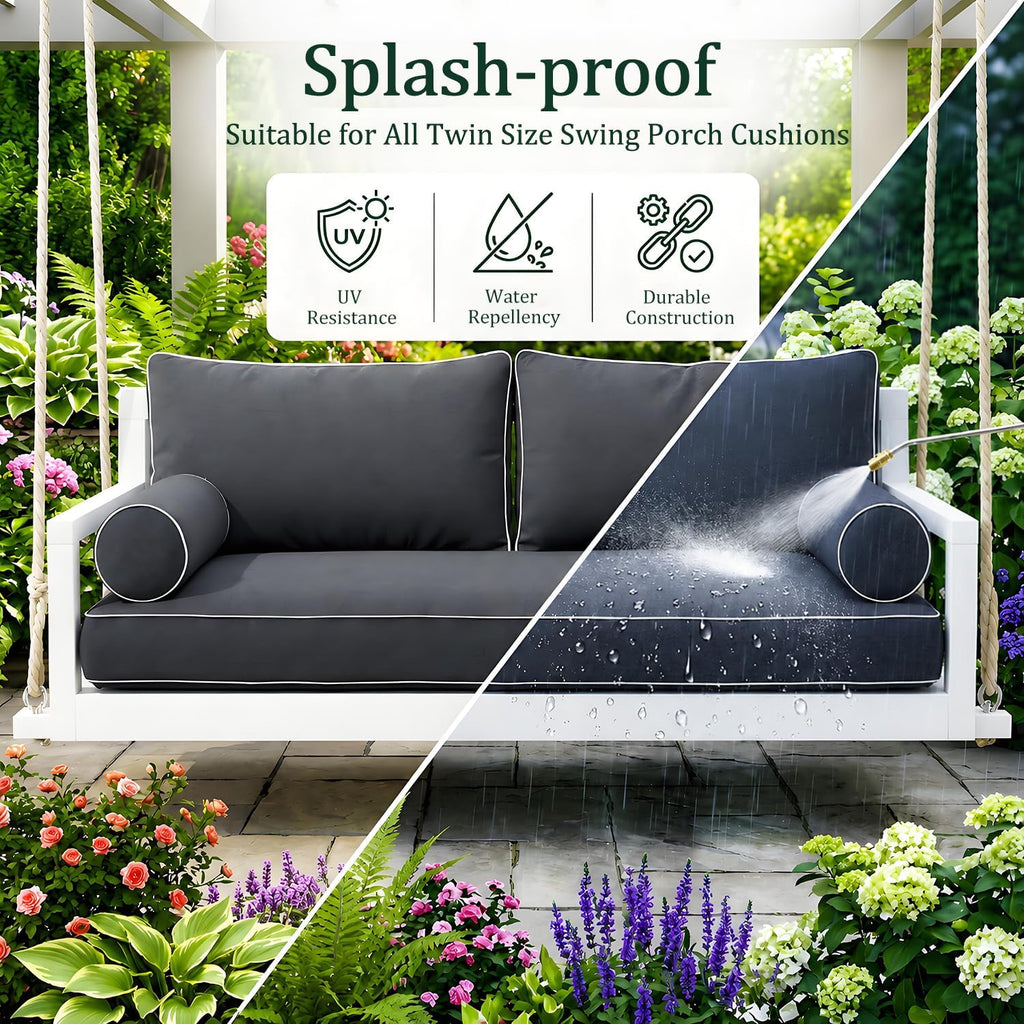 Twin Size Outdoor Daybed Swing Cushion Cover,Patio Porch Twin Mattress Bolster Pillow Fitted Sheet Cover Waterproof for Outdoor Hanging Porch Swing Bed (6, Dark Gray-White Piping)