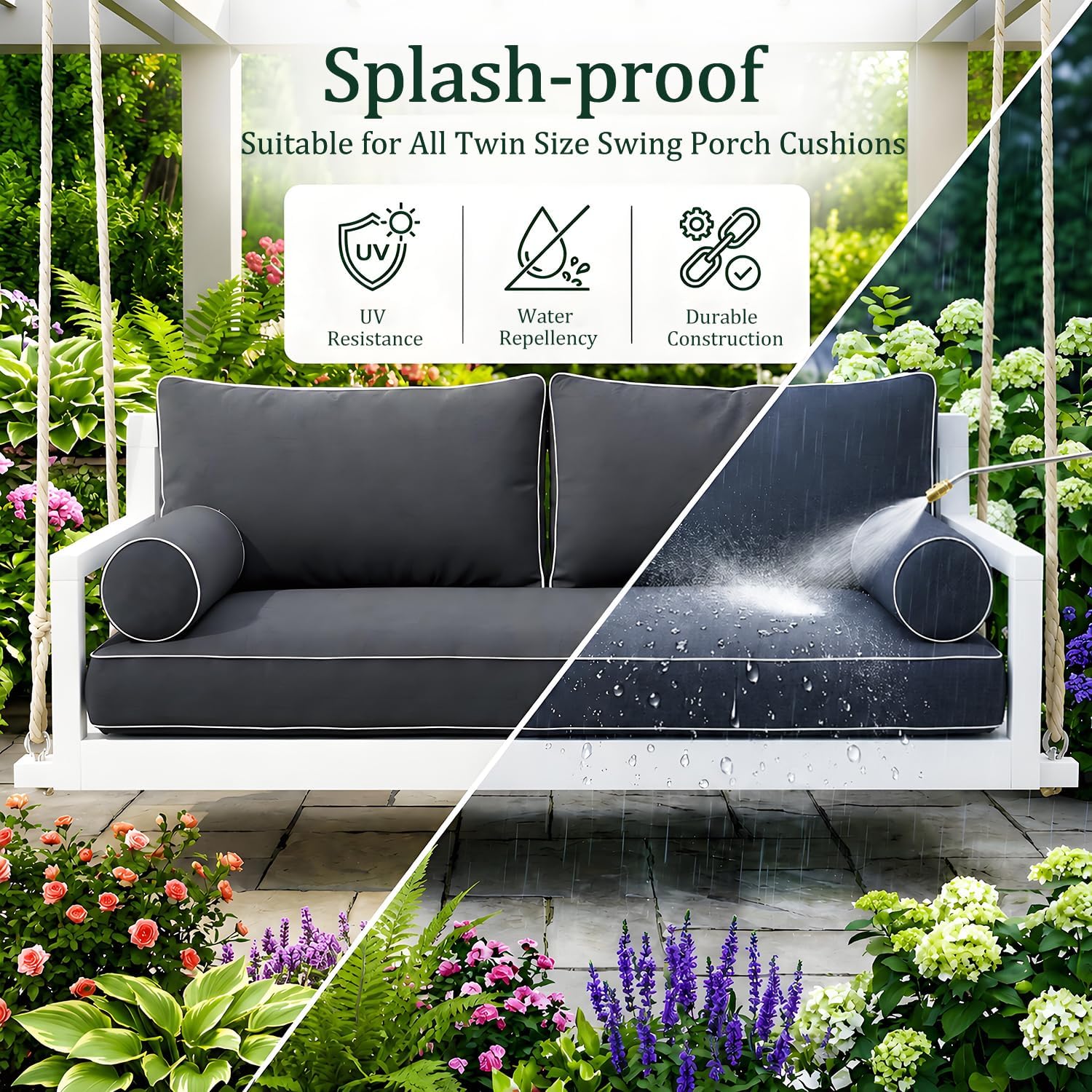 Twin Size Outdoor Daybed Swing Cushion Cover,Patio Porch Twin Mattress Bolster Pillow Fitted Sheet Cover Waterproof for Outdoor Hanging Porch Swing Bed (6, Dark Gray-White Piping)