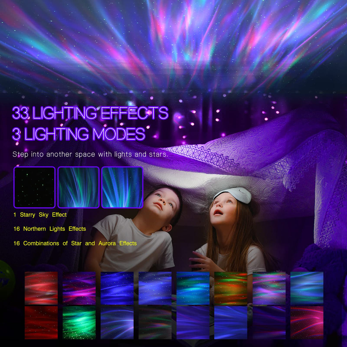 Northern Galaxy Light Aurora Projector with 33 Light Effects, Night Lights LED Star Projector for Bedroom Nebula Lamp, Remote Control, White Noises, Bluetooth Speaker for Parties Black