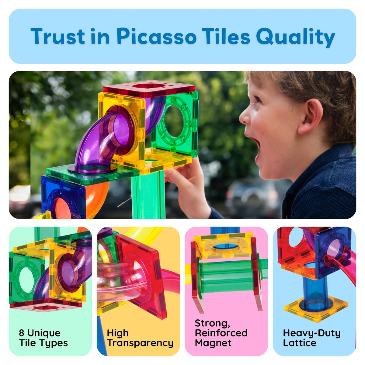 PicassoTiles 100 Piece Marble Run Magnetic Tiles Race Track STEM Ages 3+ | BPA-free ABS plastic, reinforced edges, curved slopes and U-turns, steel balls included, open-ended maze layouts, shared play