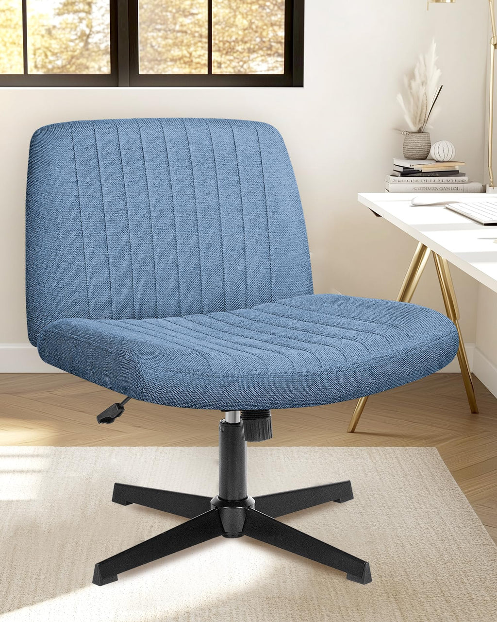 NEO CHAIR Criss Cross Chair with Wheels Home Office Cross Legged Armless Chairs Adjustable Computer Desk Wide Seat for Bedroom Vanity Comfy Swivel (Teddy White)