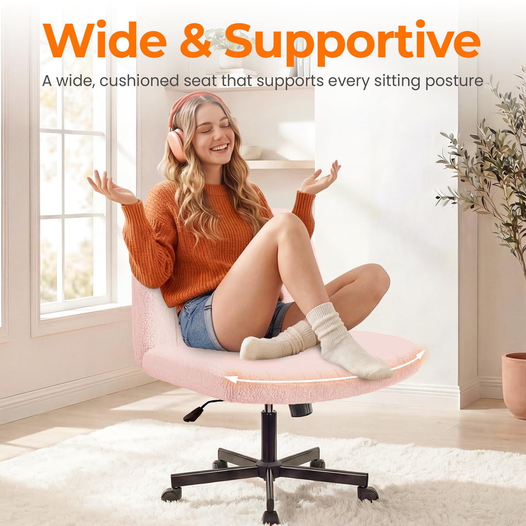 NEO CHAIR Criss Cross Chair with Wheels Home Office Cross Legged Armless Chairs Adjustable Computer Desk Wide Seat for Bedroom Vanity Comfy Swivel (Teddy White)