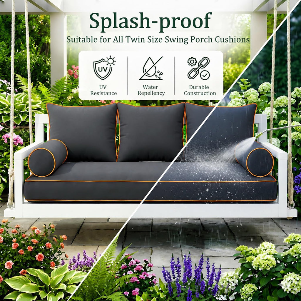 Twin Size Outdoor Daybed Swing Cushion Cover,Patio Porch Twin Mattress Bolster Pillow Fitted Sheet Cover Waterproof for Outdoor Hanging Porch Swing Bed (6, Dark Gray-White Piping)