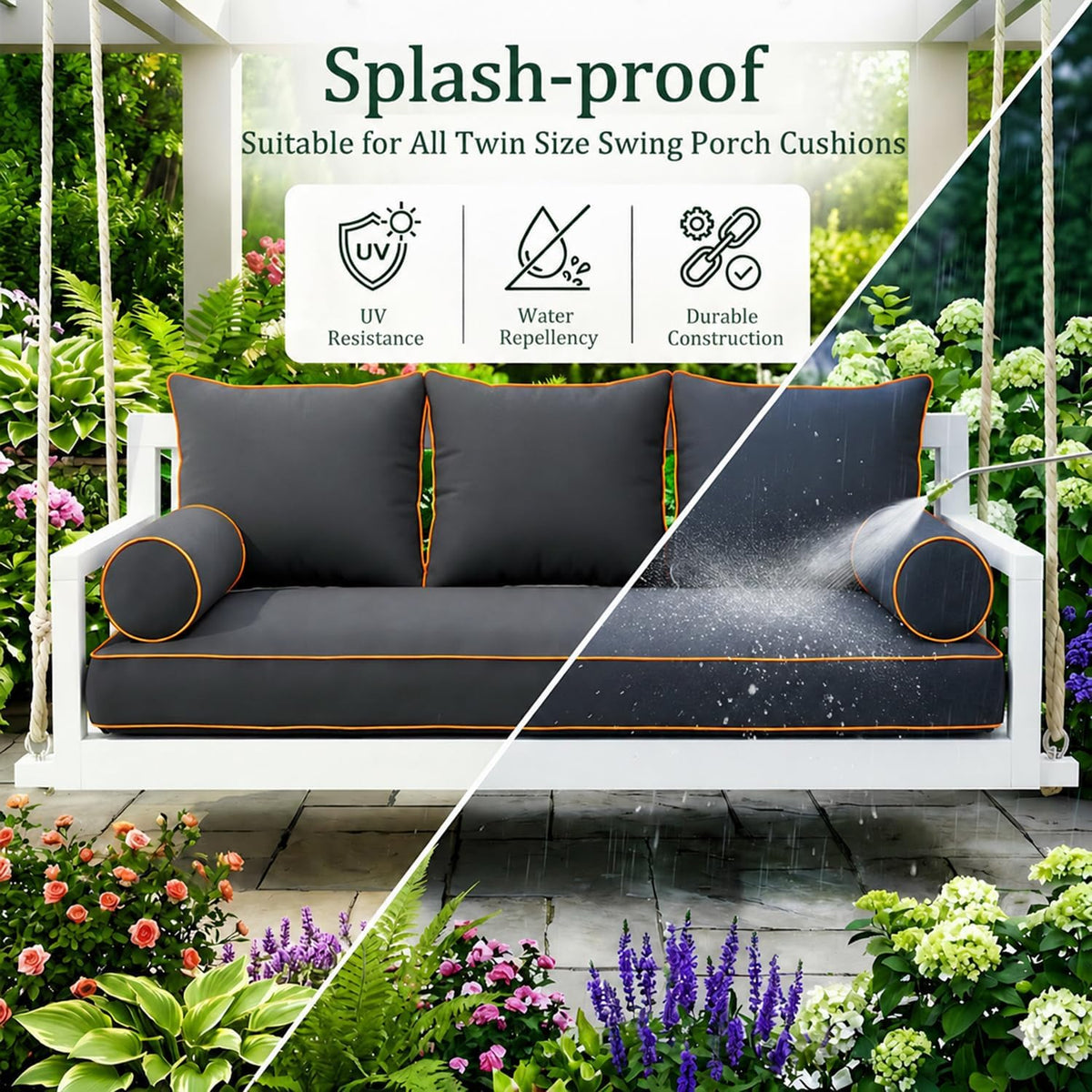 Twin Size Outdoor Daybed Swing Cushion Cover,Patio Porch Twin Mattress Bolster Pillow Fitted Sheet Cover Waterproof for Outdoor Hanging Porch Swing Bed (6, Dark Gray-White Piping)