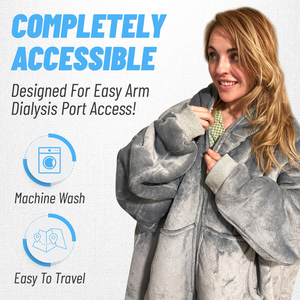 Premium Dialysis Sweatshirts with Arm Zipper | Ultra-Soft Cozy Oversized Wearable Blanket Hoodie | Dual-Arm & Chest Access
