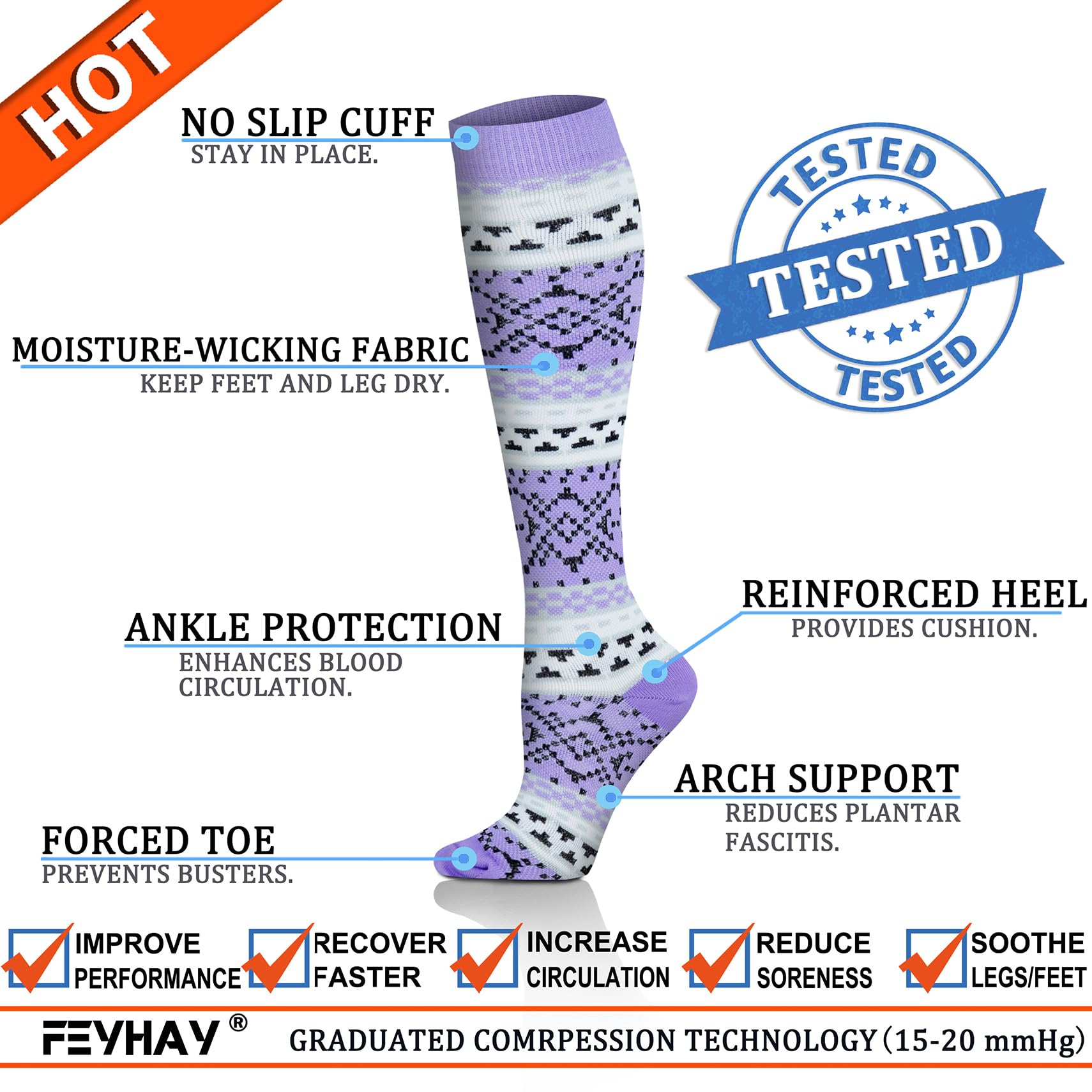 FEYHAY Copper Compression Socks (8 Pairs) 15-20 mmHg Circulation is Best Athletic & Daily for Men & Women, Running, Climbing
