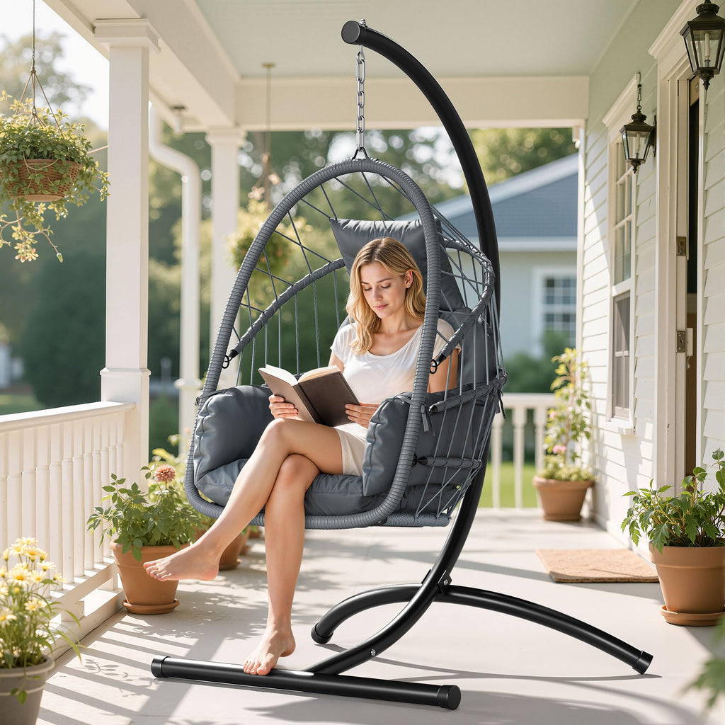 YITAHOME Hanging Egg Chair with Stand, Wicker Rattan Egg Swing Chair with 360° Swivel, Cushions, Strong Frame with 330 lbs of Support for Indoor, Outdoor, Grey