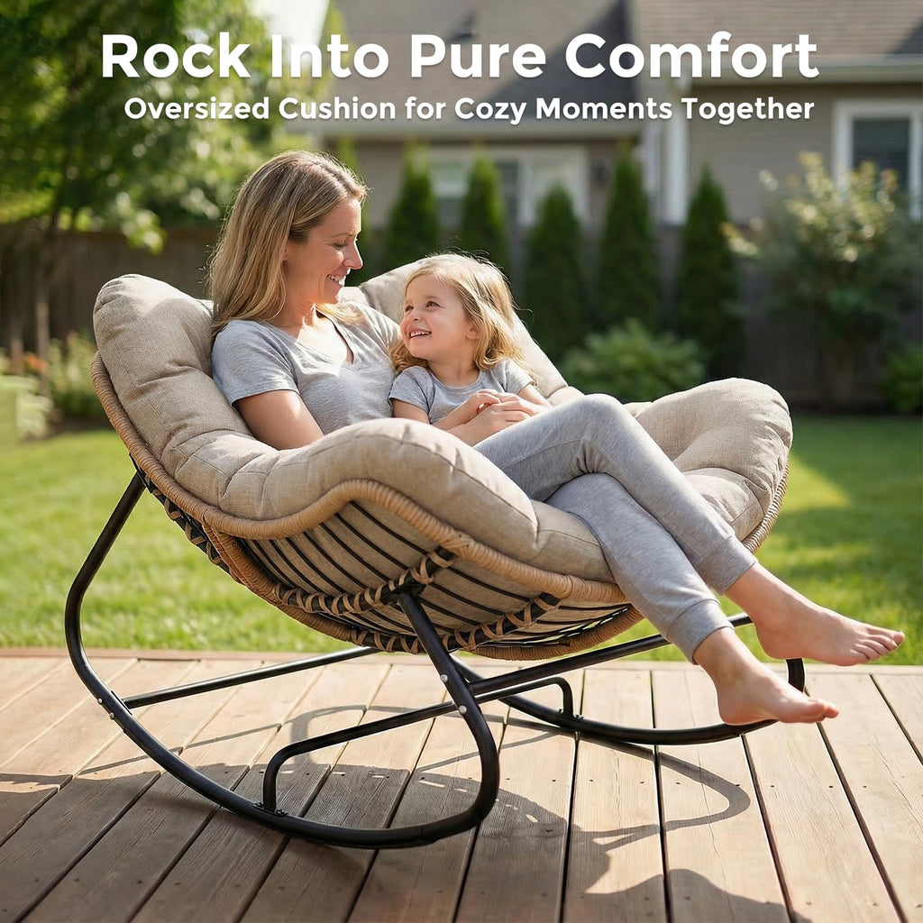 SWITTE Papasan Rocking Chair Outdoor, Oversized Patio Egg Chair with Thick Cushion, Indoor Wicker Lounge Rocker Bed for Balcony, Porch, Garden, Dark Gray
