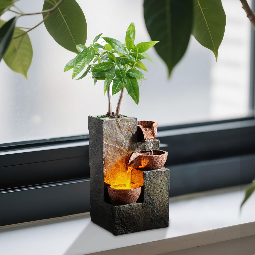 Tabletop Indoor Water Fountain – 3-Tier Rock Waterfall Fountain with Warm LED Light and DIY Planting Pot – Relaxing Small Water Feature for Desk or Home Decor (23061)