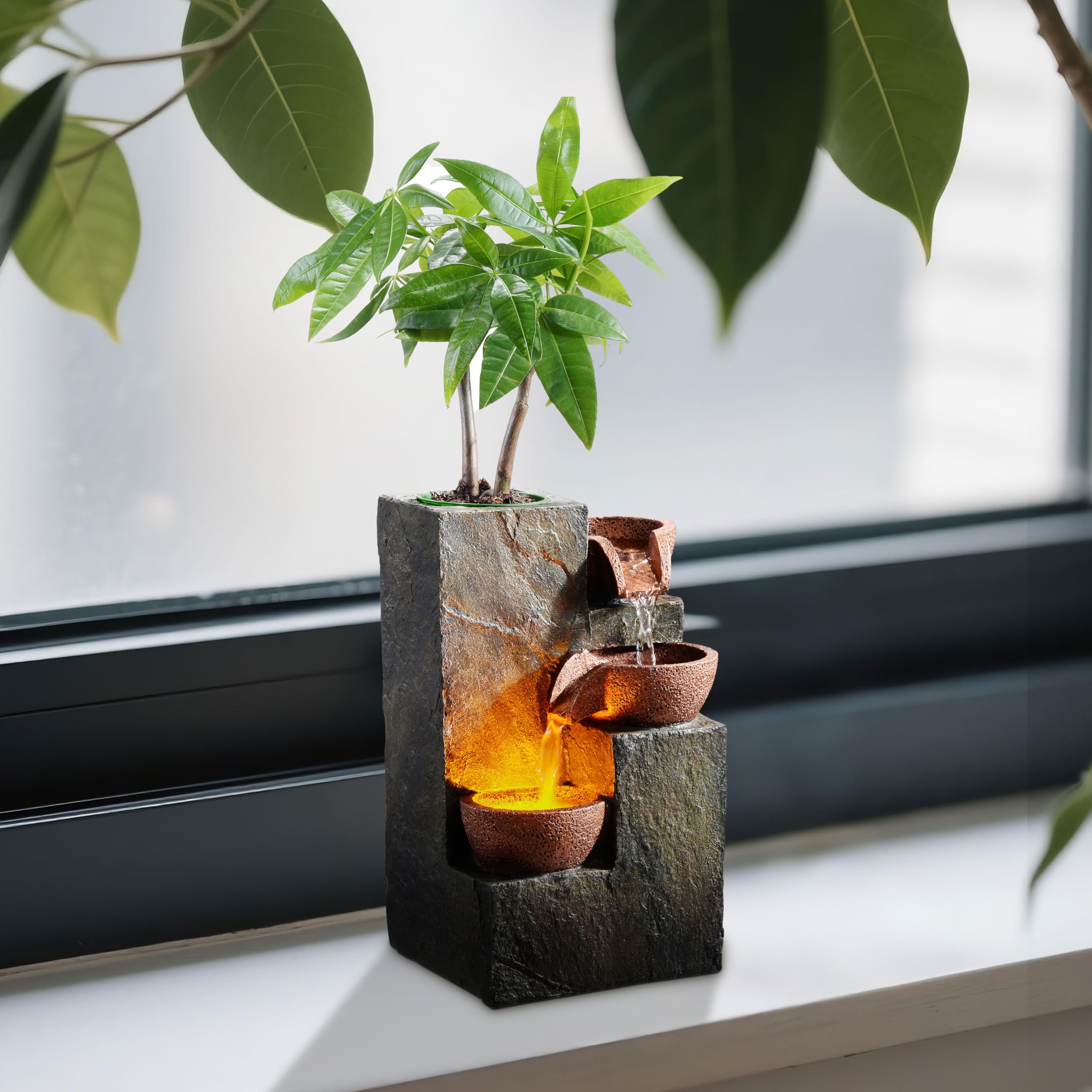 Tabletop Indoor Water Fountain – 3-Tier Rock Waterfall Fountain with Warm LED Light and DIY Planting Pot – Relaxing Small Water Feature for Desk or Home Decor (23061)