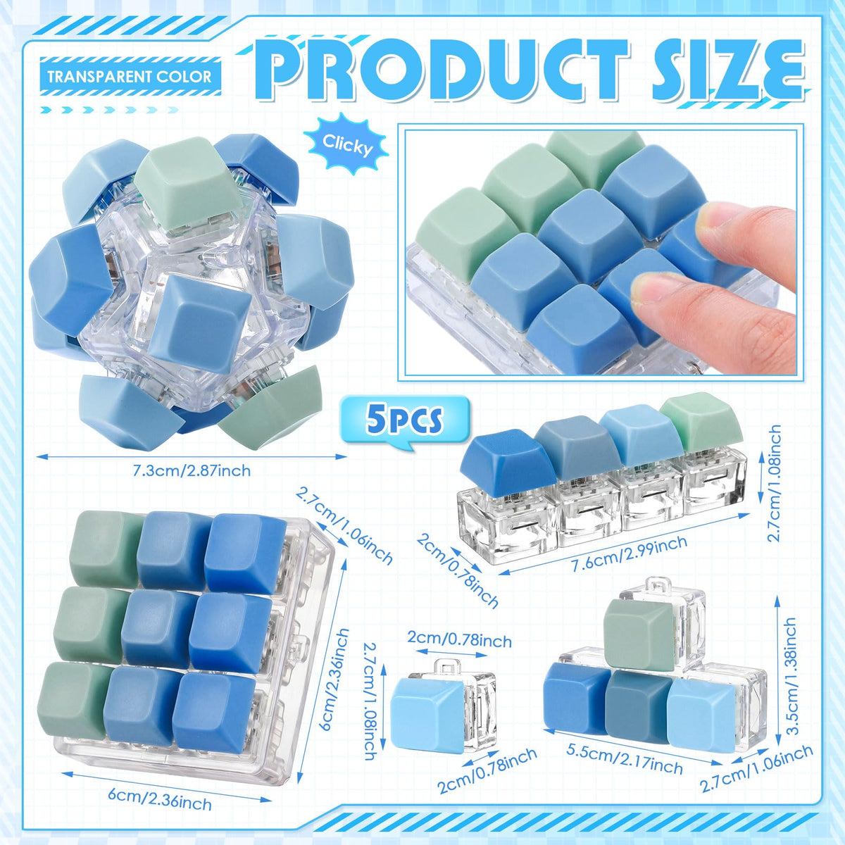 Halloscume 5 Pcs Keyboard Fidget Clicker Keychains in 5 Styles, Back to School Gift Fidget Mechanical Button Clicker Stress Relief Gift for First Day of School Office Home(Blue Purple)