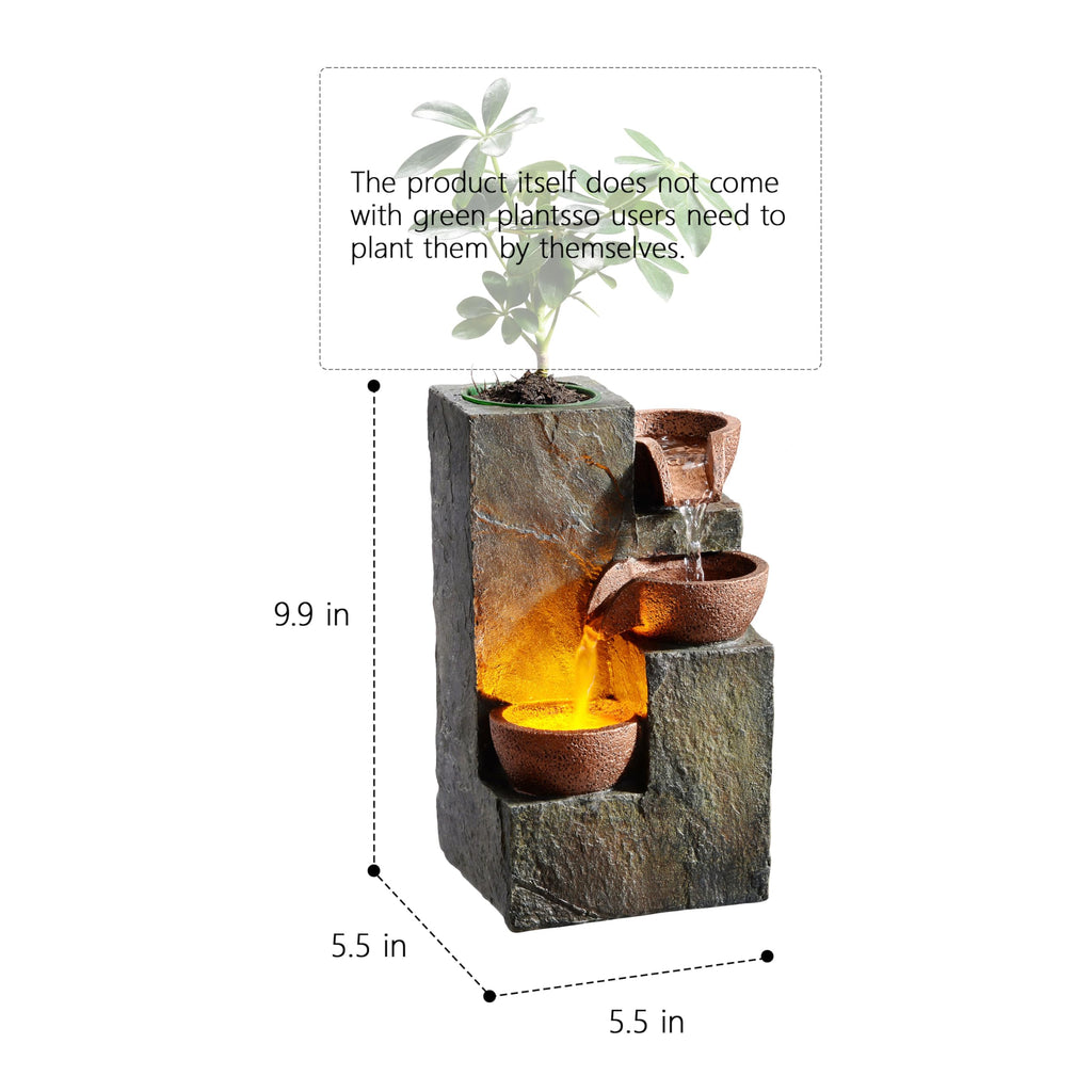 Tabletop Indoor Water Fountain – 3-Tier Rock Waterfall Fountain with Warm LED Light and DIY Planting Pot – Relaxing Small Water Feature for Desk or Home Decor (23061)
