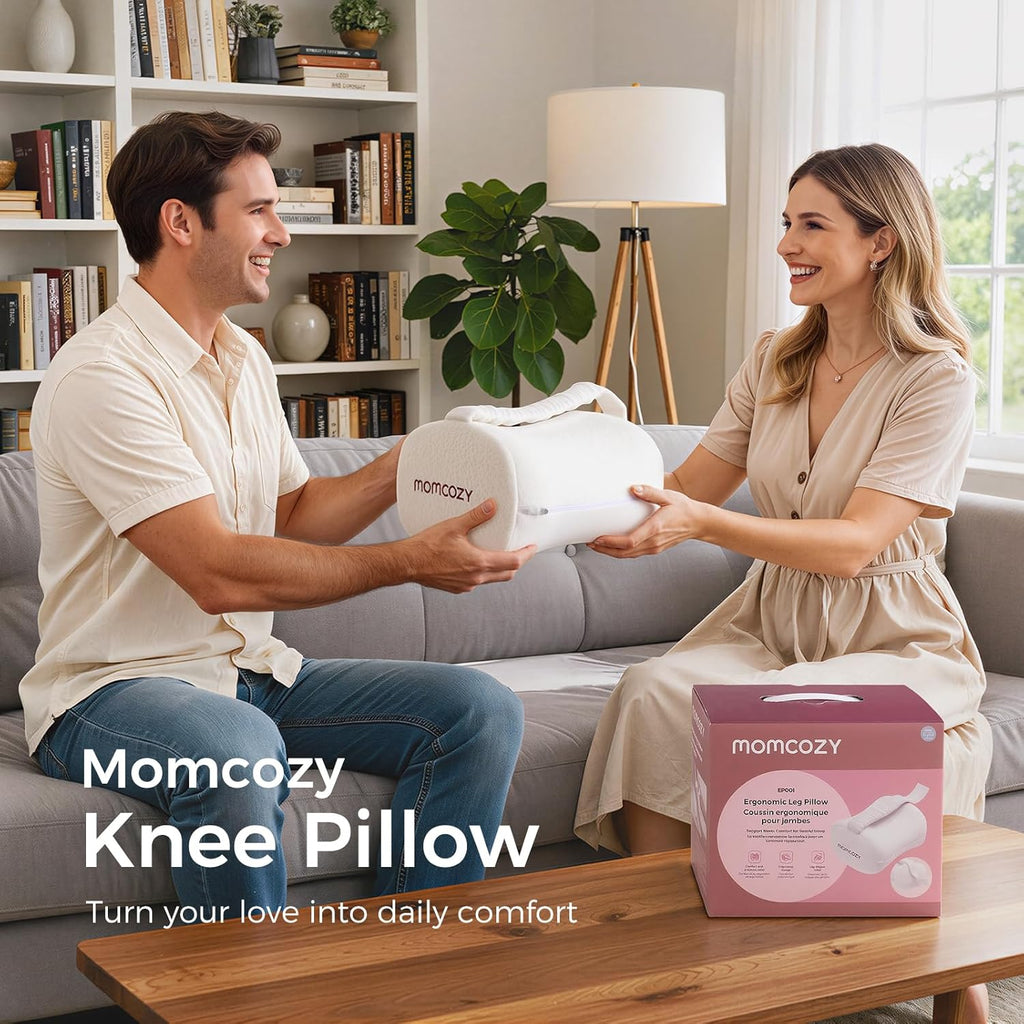 Momcozy Knee Pillow for Side Sleepers, Soft Memory Foam & Pinch-Free Design, Relieve Knee, Leg and Sciatica Pain, Adjustable Elastic Strap Ideal for Pregnant Women and Seniors, White
