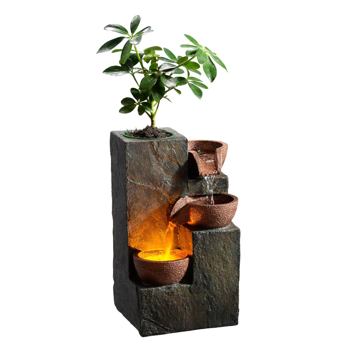 Tabletop Indoor Water Fountain – 3-Tier Rock Waterfall Fountain with Warm LED Light and DIY Planting Pot – Relaxing Small Water Feature for Desk or Home Decor (23061)